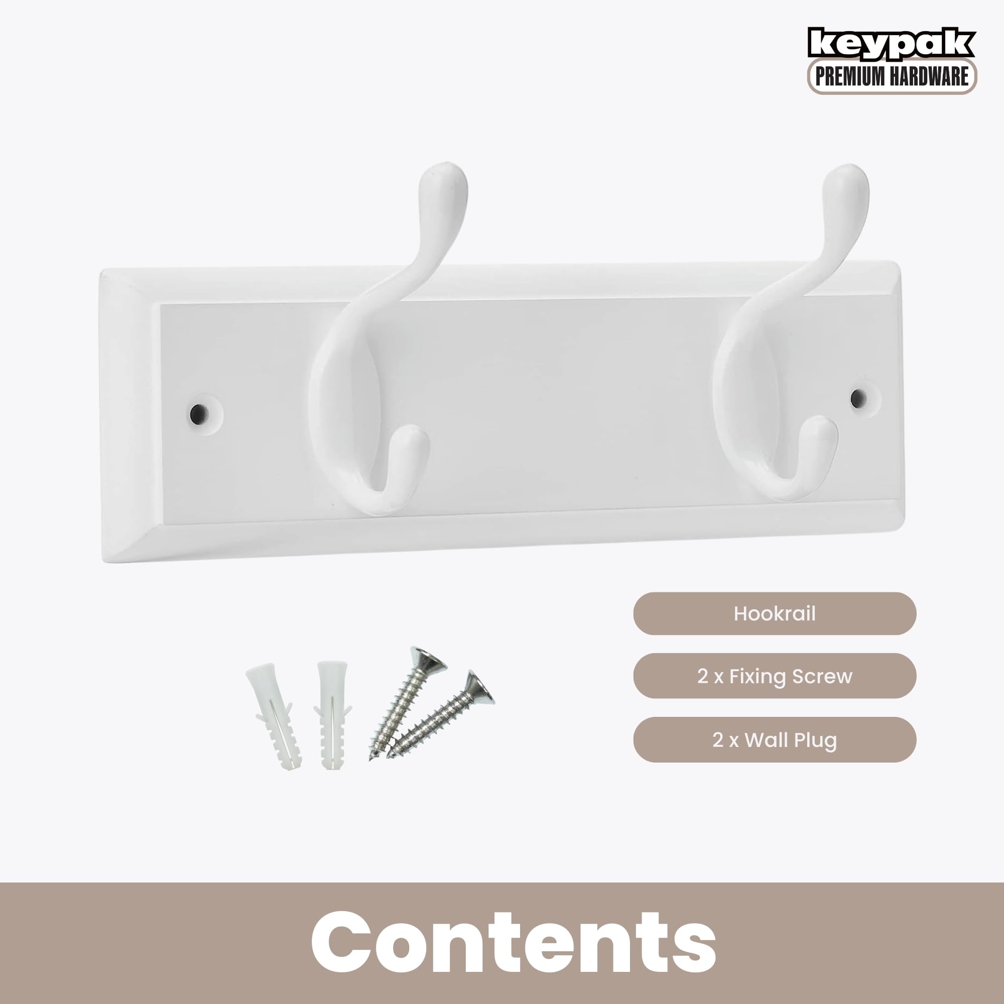 keypak 2-Hook Wall Coat Rack - White Wood Board | Holds up to 3.4kg Per Hook | Easy Install 4