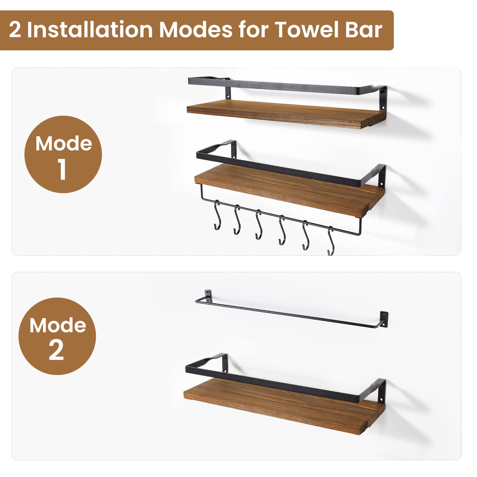AGM Floating Shelves Wall Mounted Set of 2 Wooden Shelves Rustic Brown w/ Hooks & Towel Bar 4
