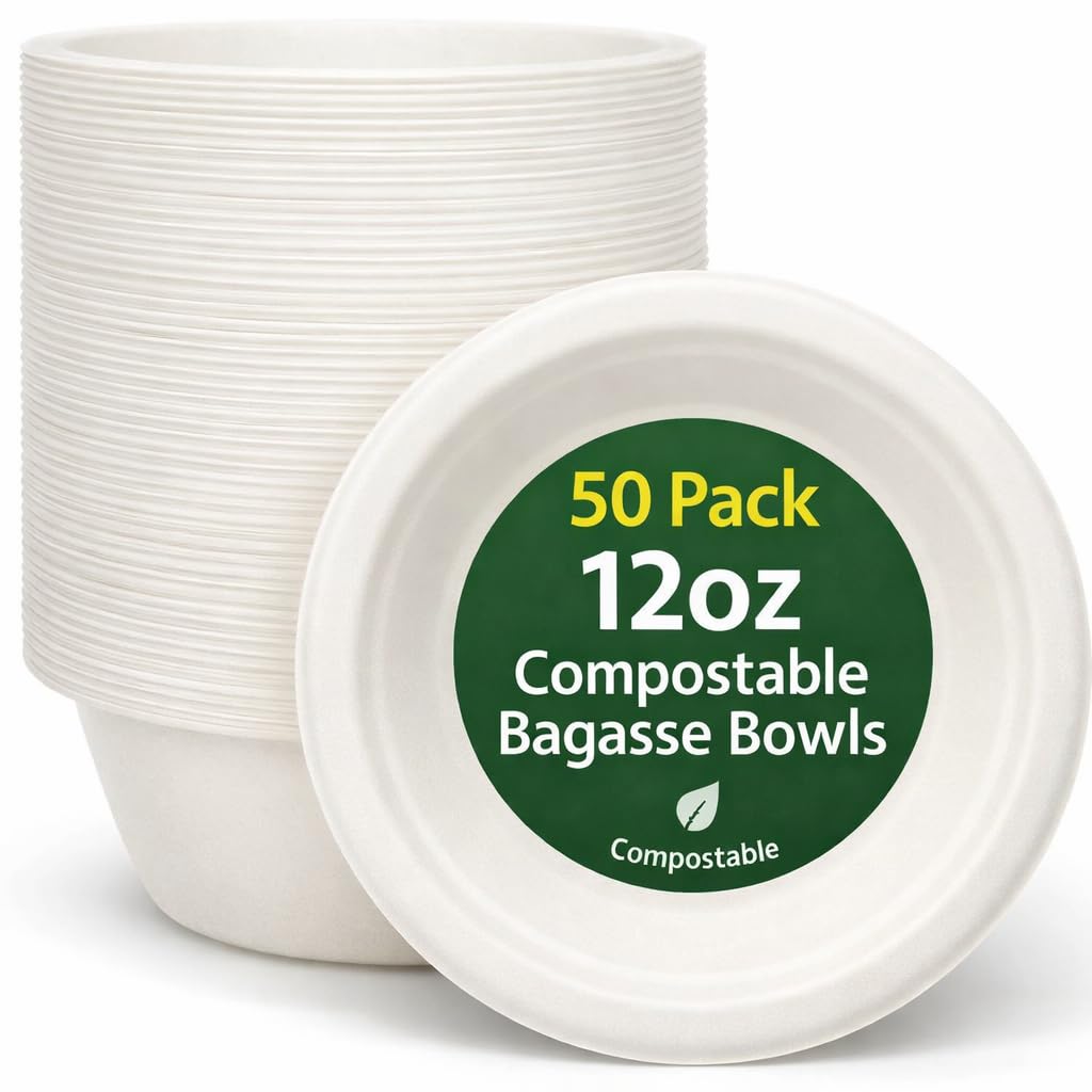 1ABOVE Compostable Bagasse Bowls - 50 Pack, 350ml (12oz) Eco-Friendly Disposable Soup & Salad Bowls