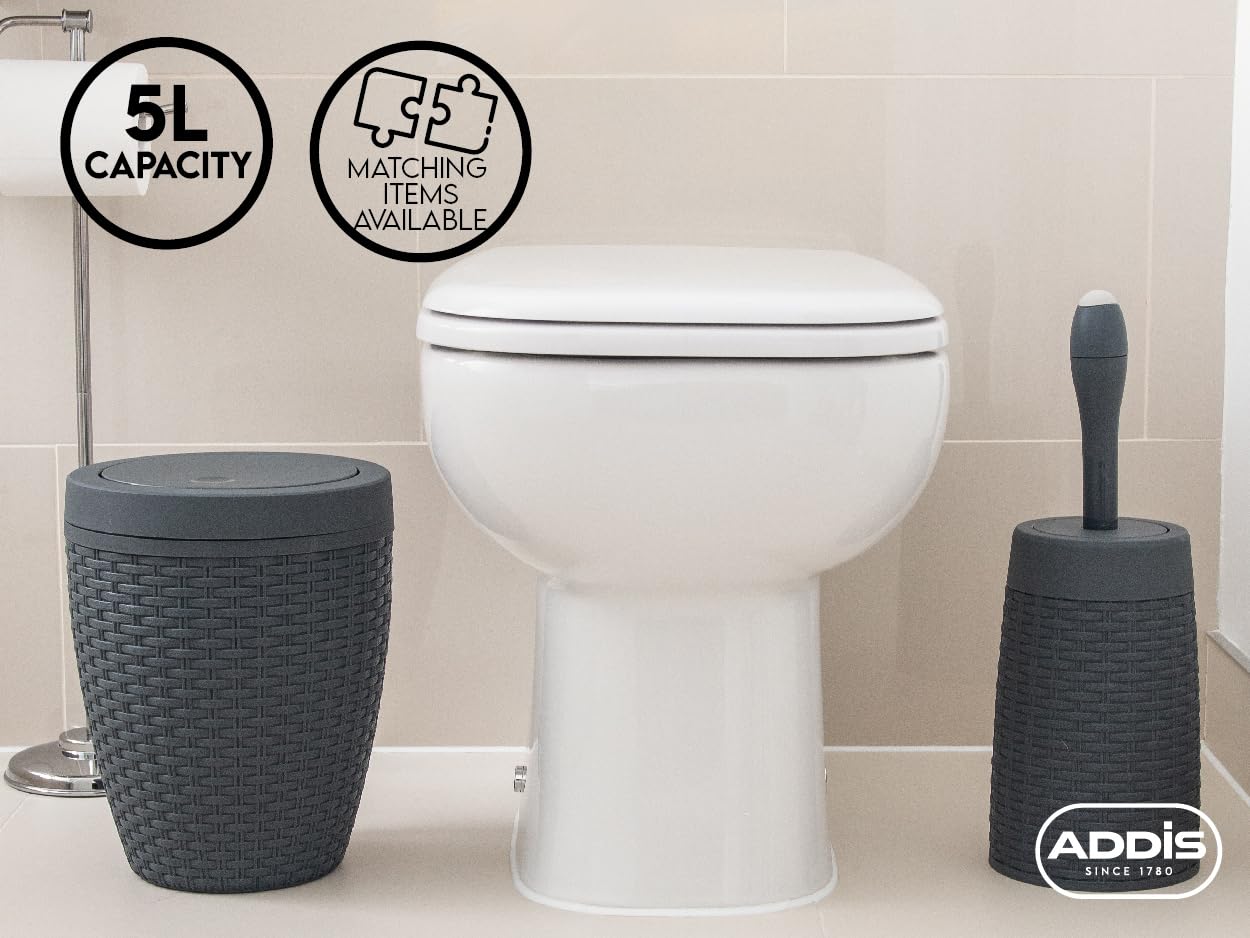 Addis Faux Rattan Round Swing Lid Bathroom Bin - Charcoal | 5L Capacity | Plastic 5