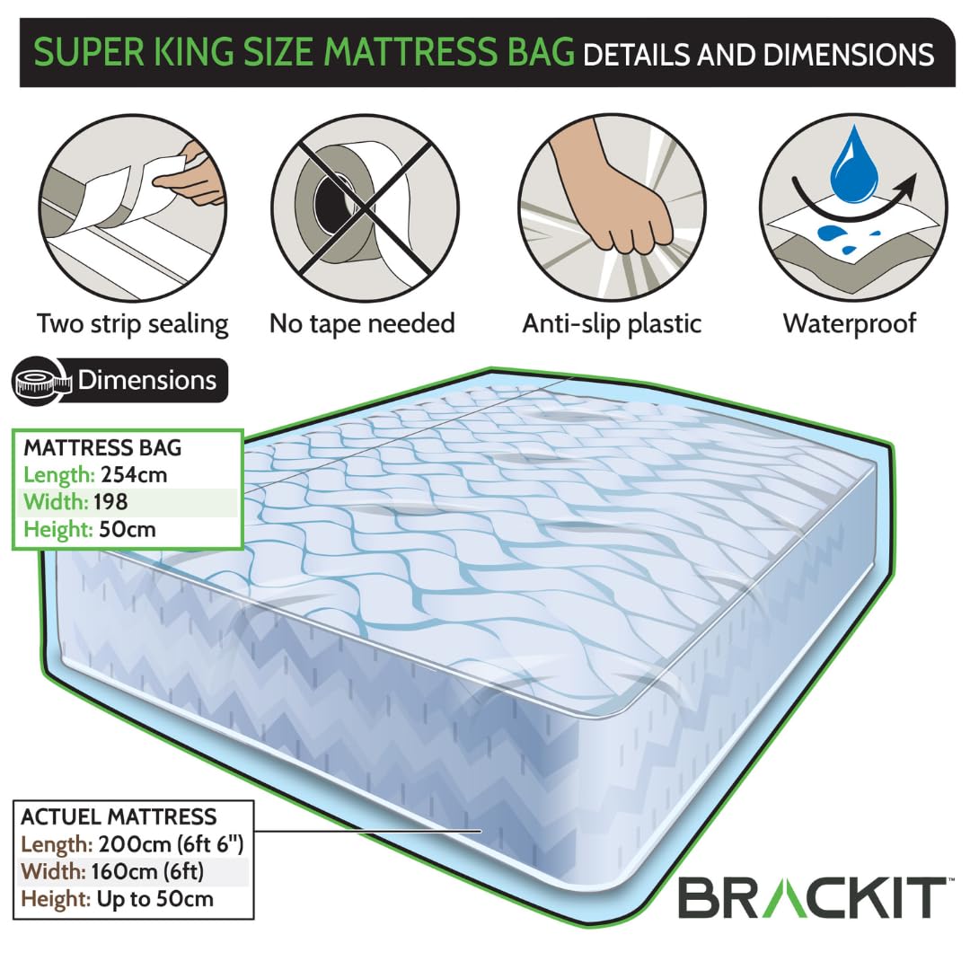 brackit Super King Mattress Bag - Waterproof, Self-Adhesive Seal | 2540x1980x370mm