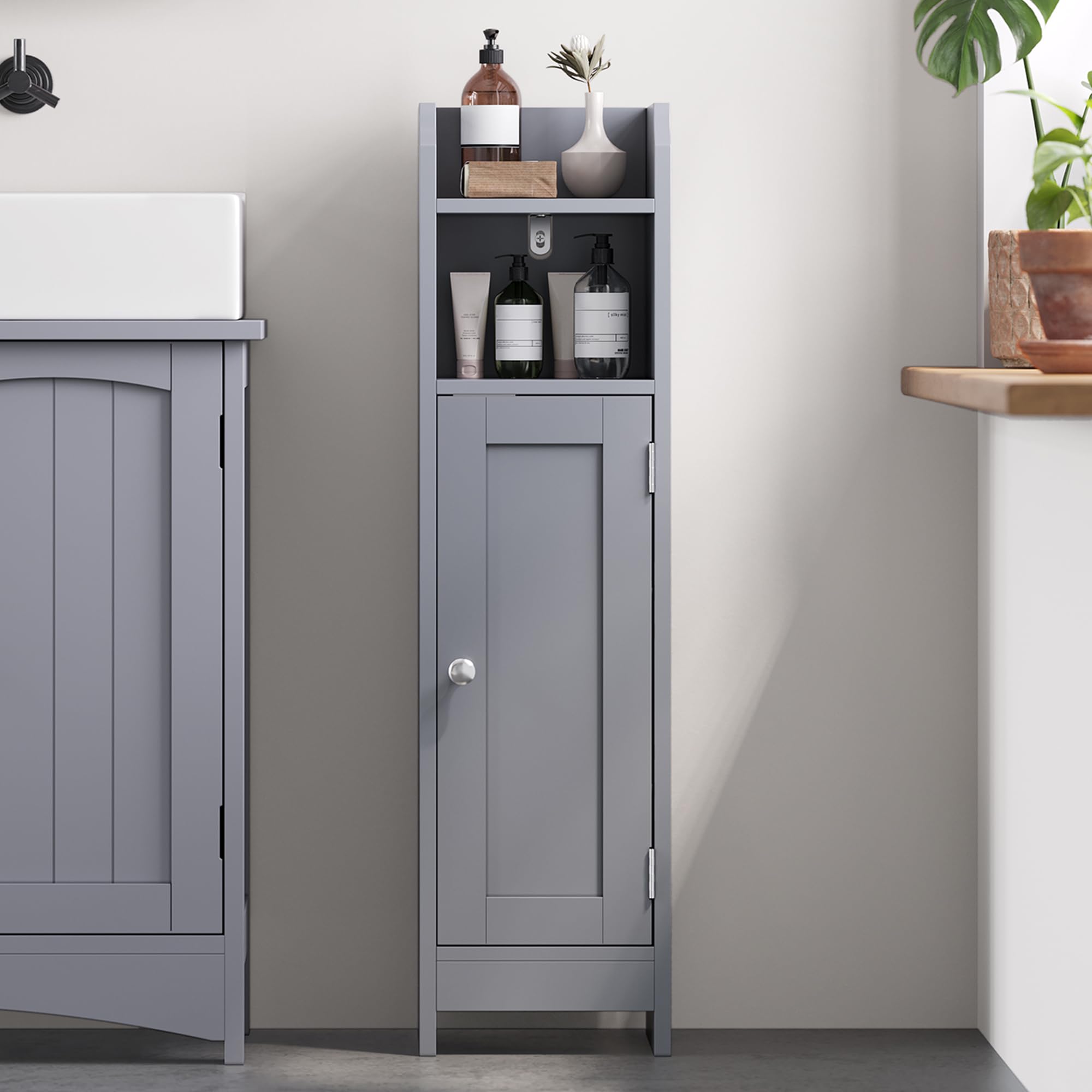 VASAGLE Slim Bathroom Floor Storage Cabinet | Dove Grey | 80H cm | Adjustable Shelves 1