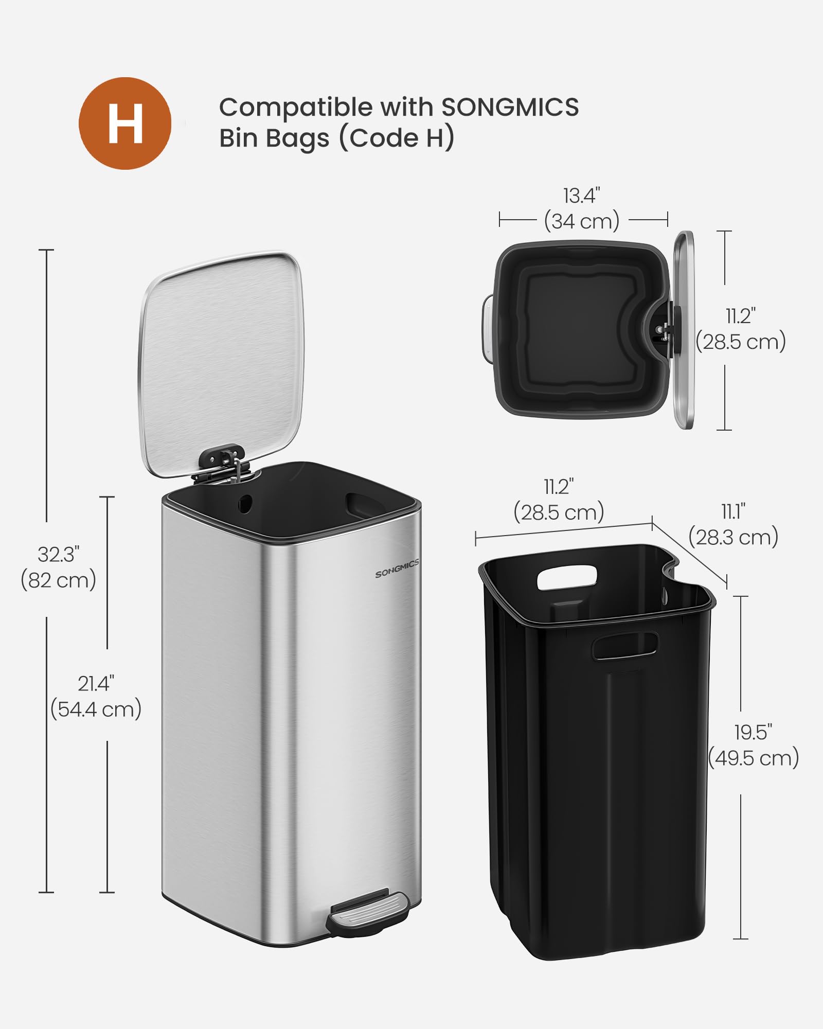 SONGMICS Stainless Steel Pedal Bin - 8 Gallon (30 L) Capacity | Quiet Close | Metallic Silver 7