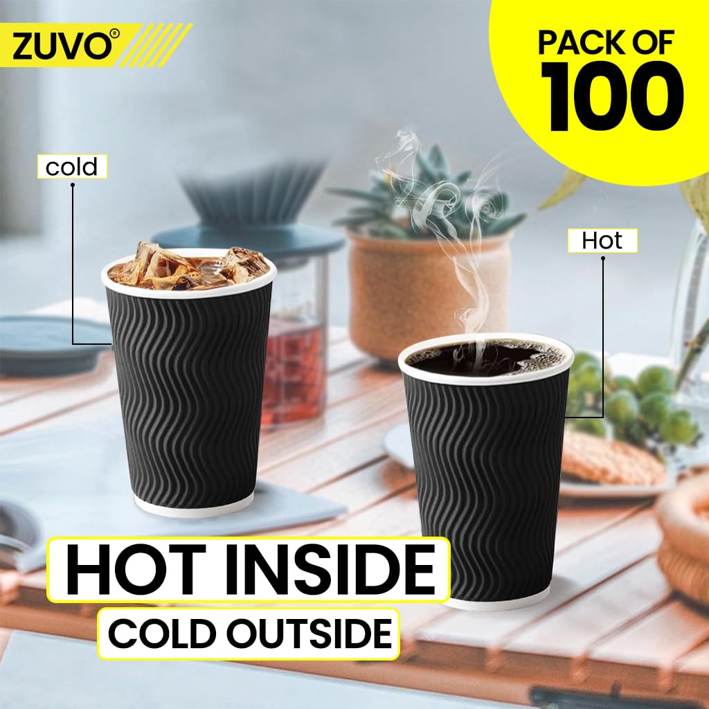 Zuvo Disposable Takeaway Coffee Cups - 12 OZ Black Ripple, 100 Count | Leak Proof | Non-Slip 6