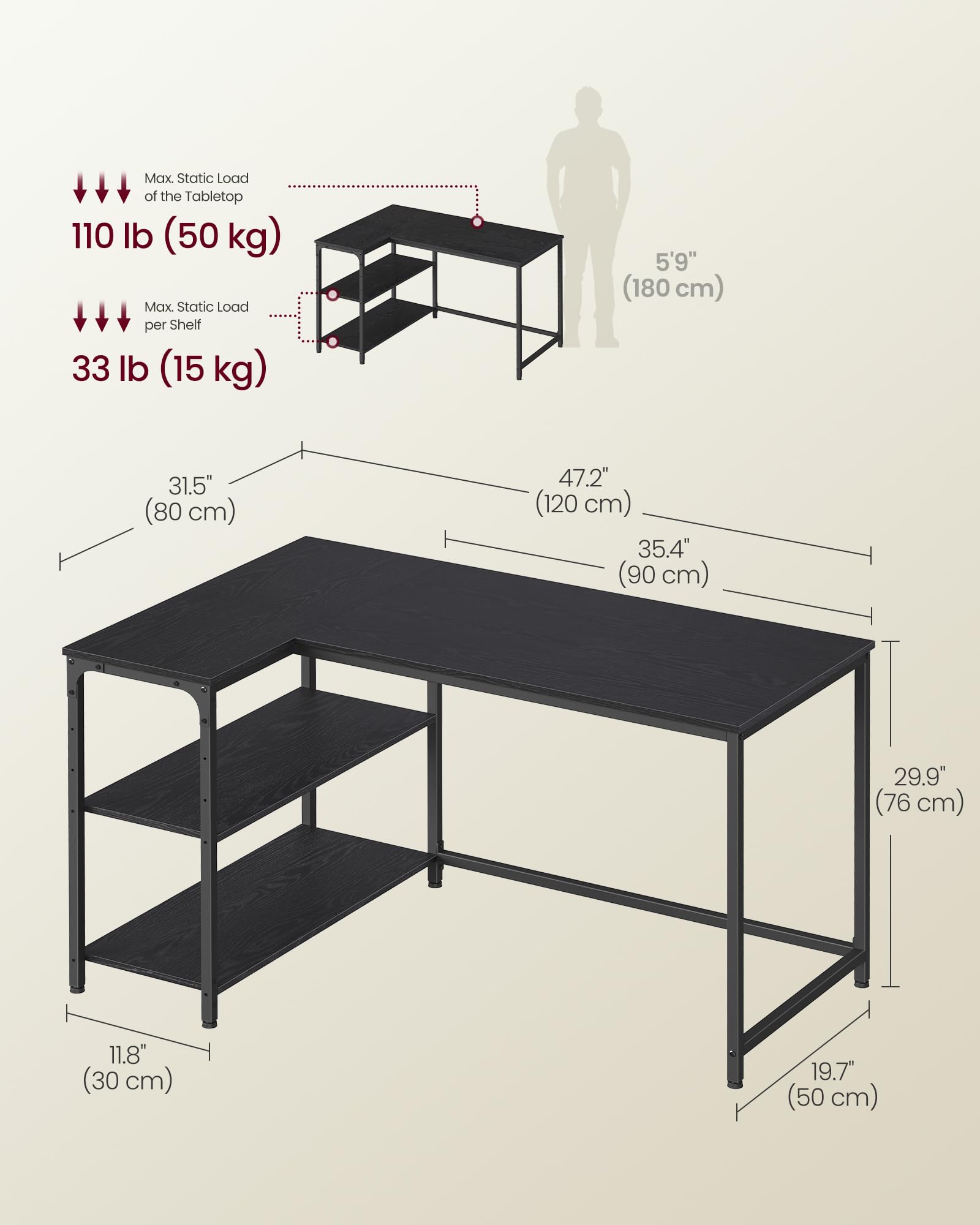 VASAGLE L-Shaped Corner Desk with Reversible Storage | 120 x 80 cm | Ebony Black 3