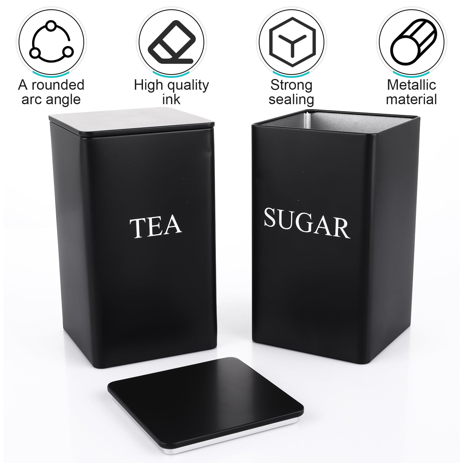 ASelected 3 Piece Metal Food Storage Canisters - Airtight & Stylish Black Canisters for Tea, Coffee, Sugar 5