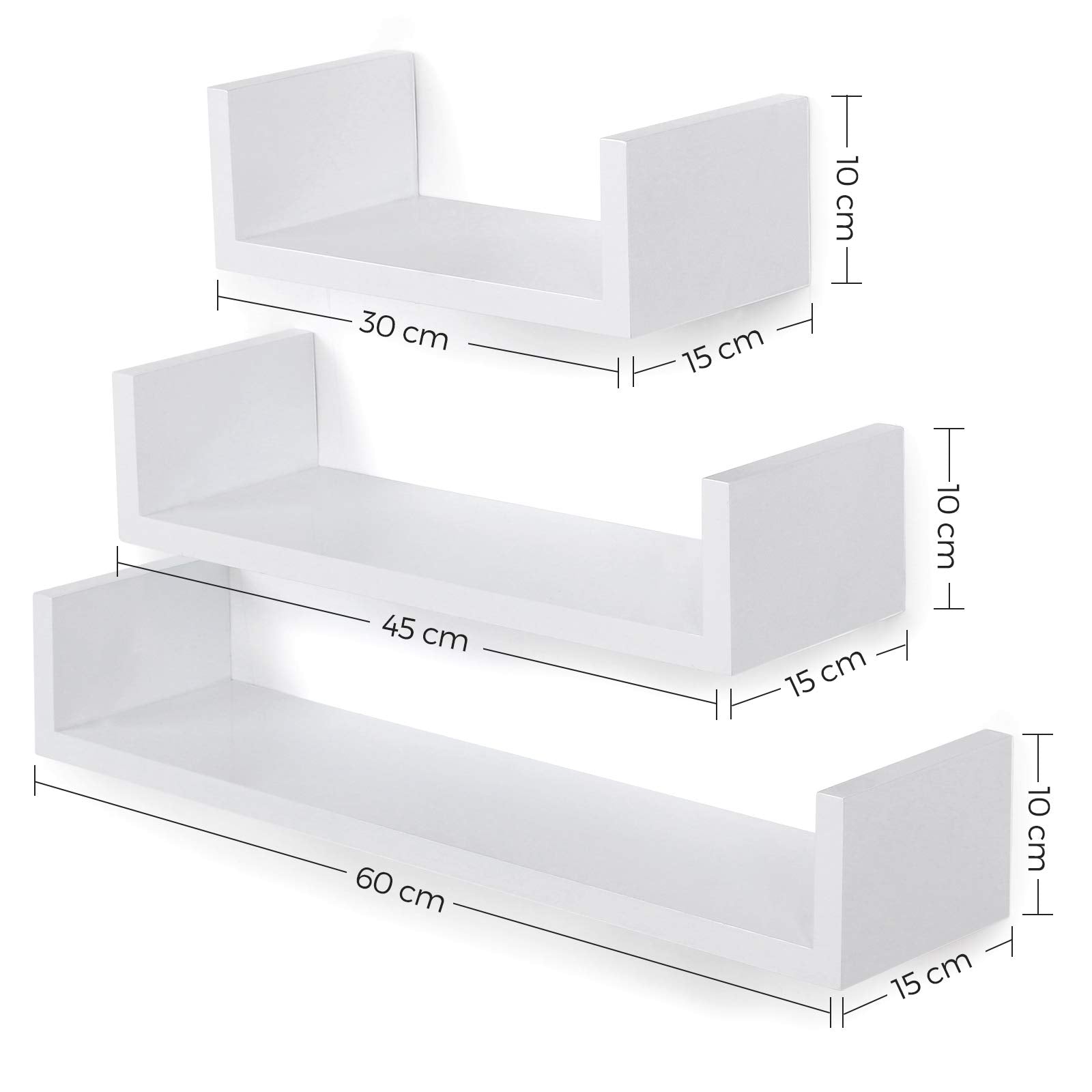 SONGMICS Floating Shelf Set of 3 - Glossy White | U-Shape Design | Max 10 kg Load Per Shelf 3