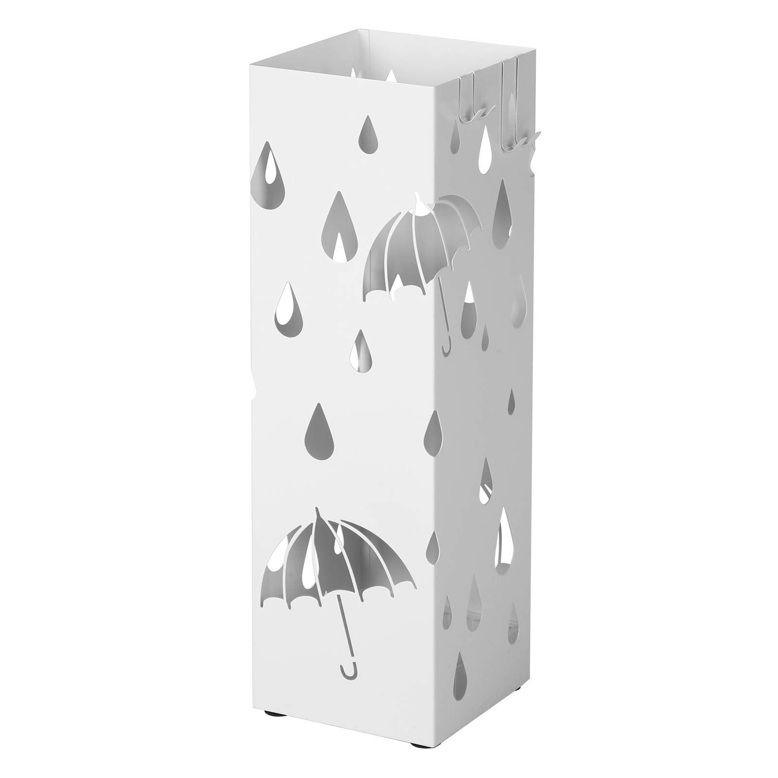SONGMICS Metal Umbrella Stand - Square Holder with Drip Tray & 4 Hooks | White Stainless Steel 1
