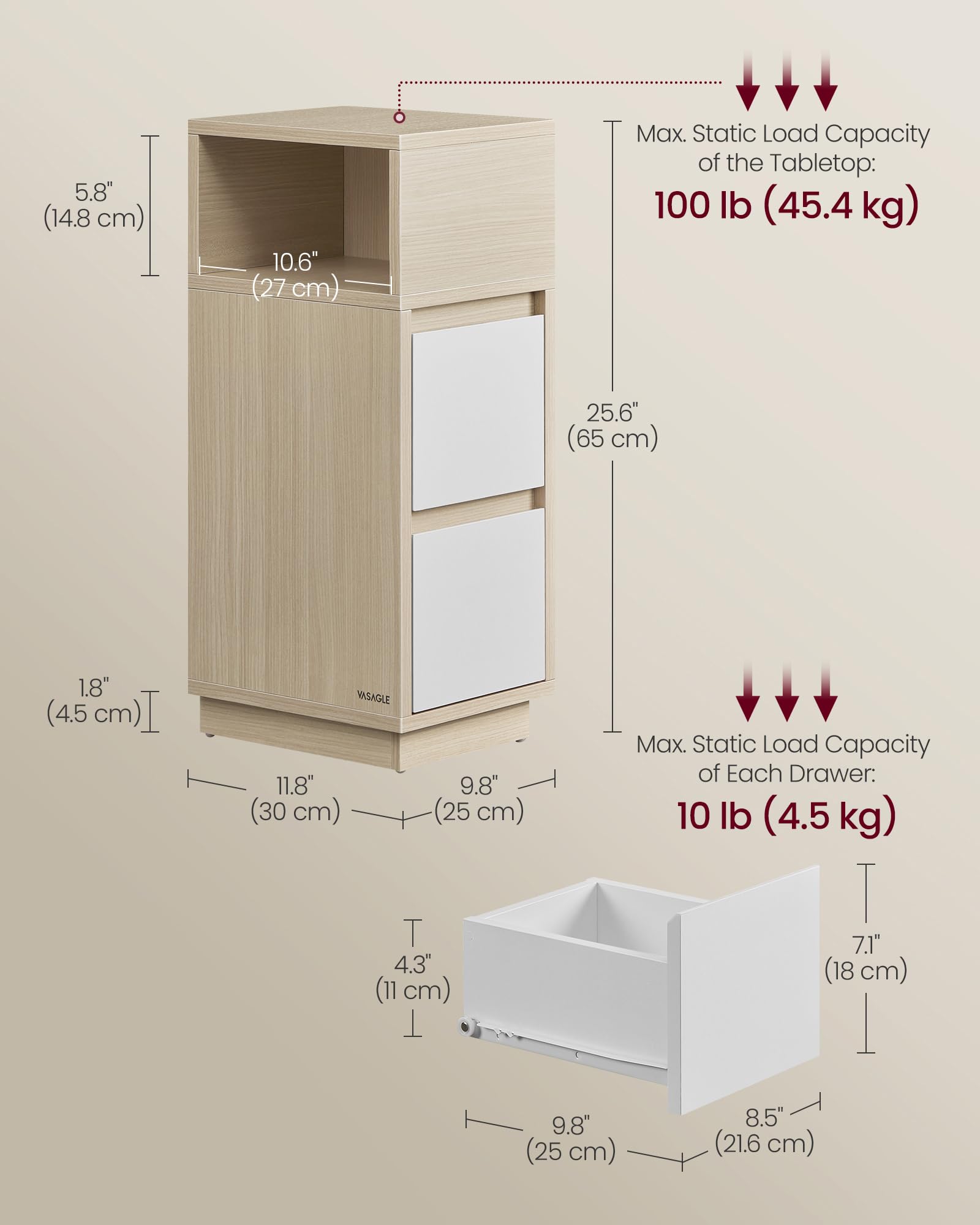 VASAGLE KAILYN Collection - Set of 2 Slim Bedside Tables | Natural Beige + Cloud White | 30x25x65 cm 3
