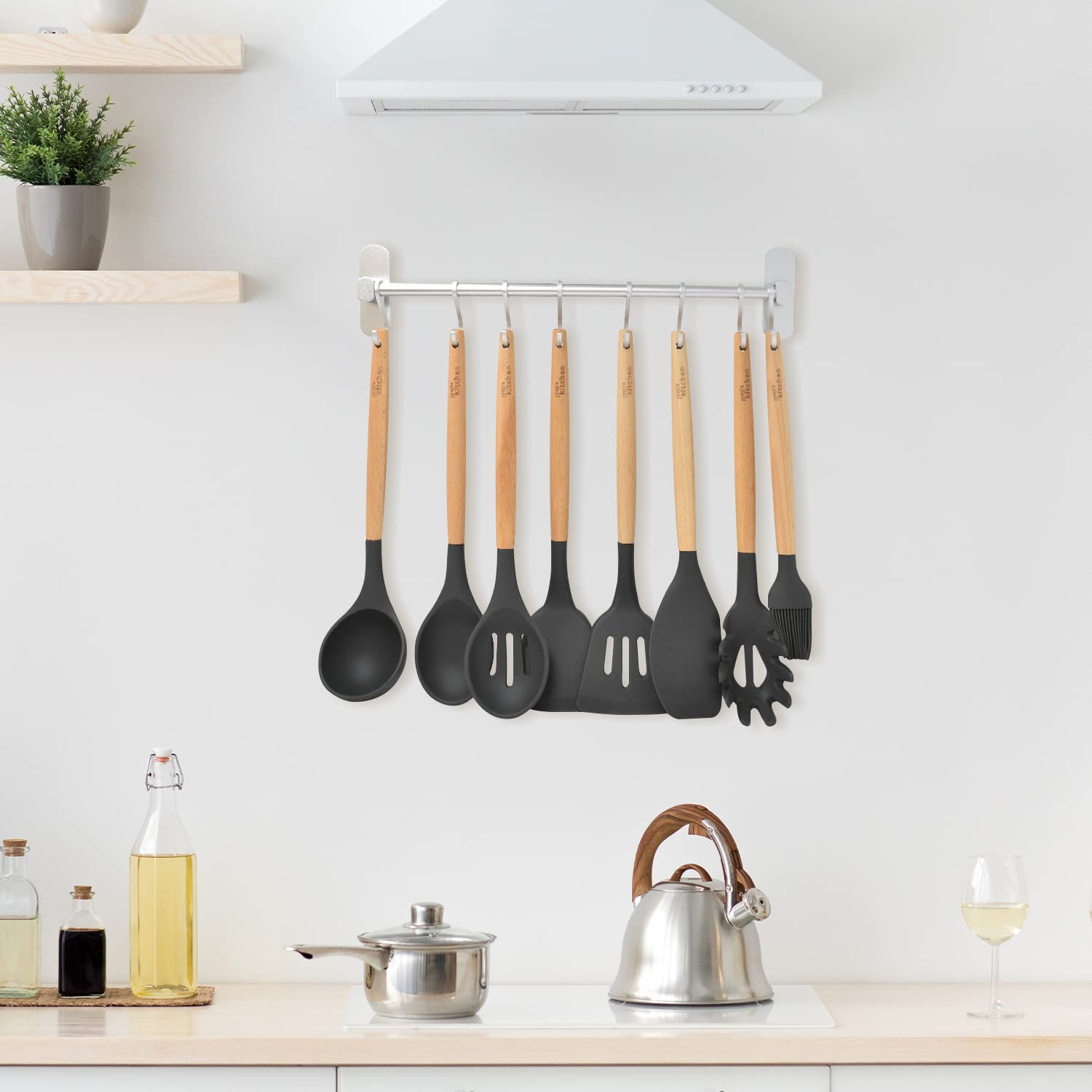 joeji's Kitchen Aluminium Utensil Rack 40cm - 8 Movable Hooks | Drill-Free Installation | Silver 5