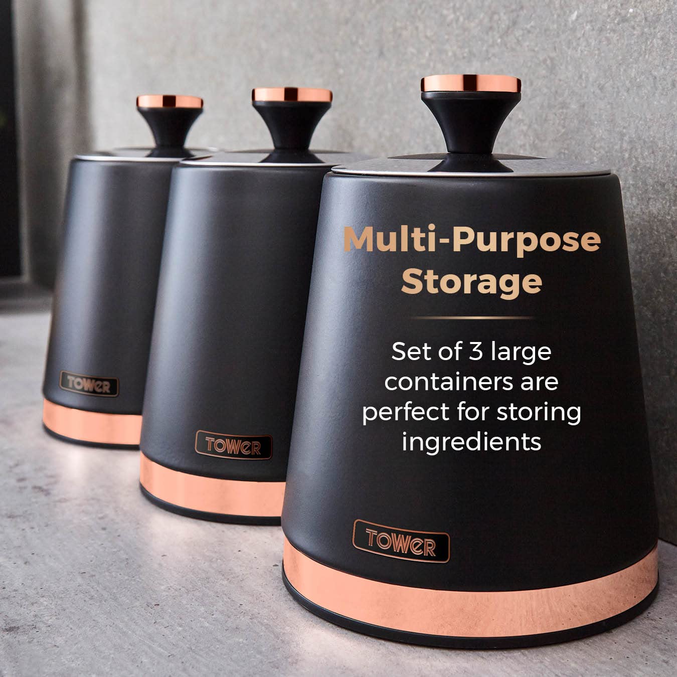 Tower Cavaletto Set of 3 Storage Canisters for Tea/Coffee/Sugar | 1.3L Capacity | Carbon Steel 3