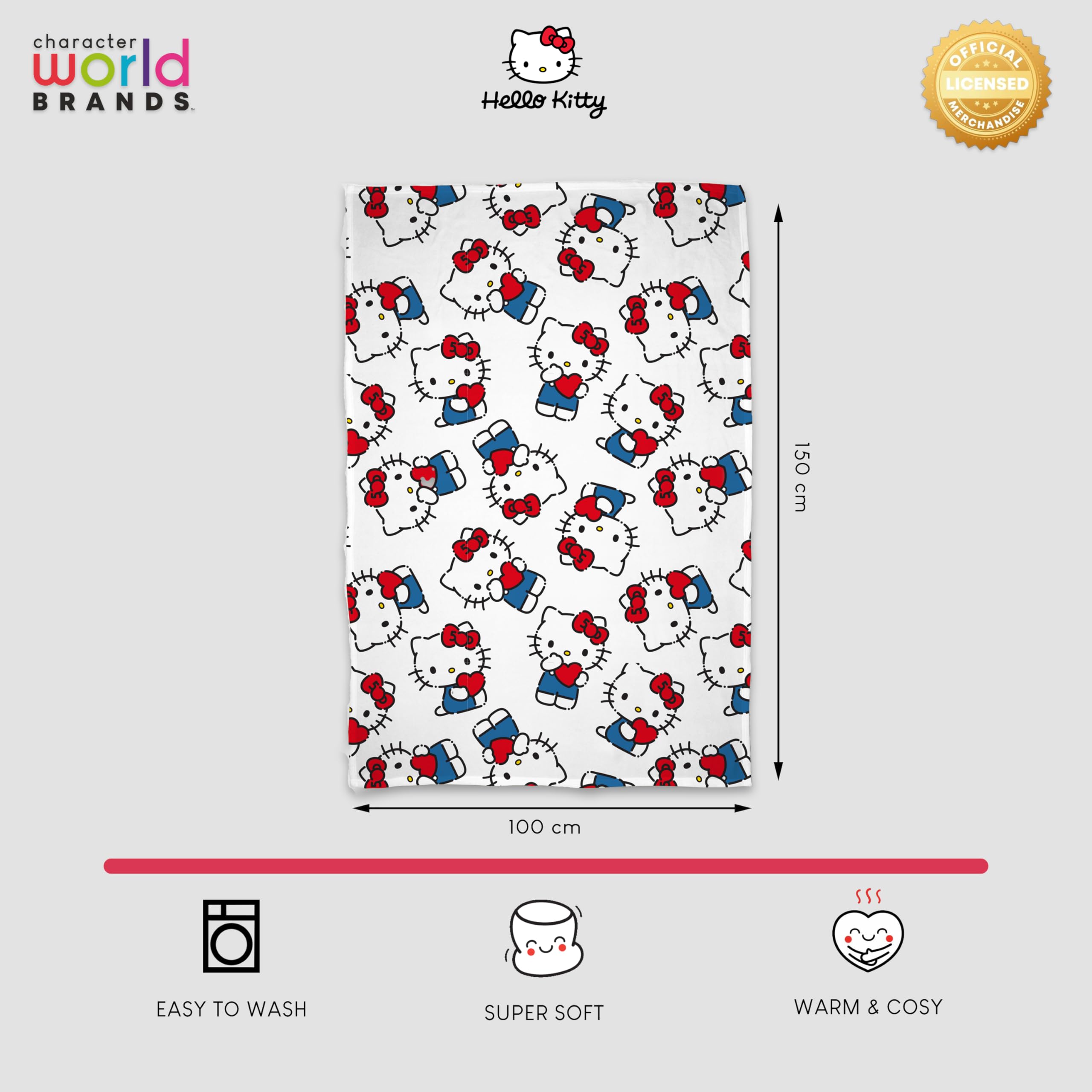 Character World Hello Kitty Fleece Blanket - Heart Pattern | 100 x 150cm | Super Soft & Warm 7