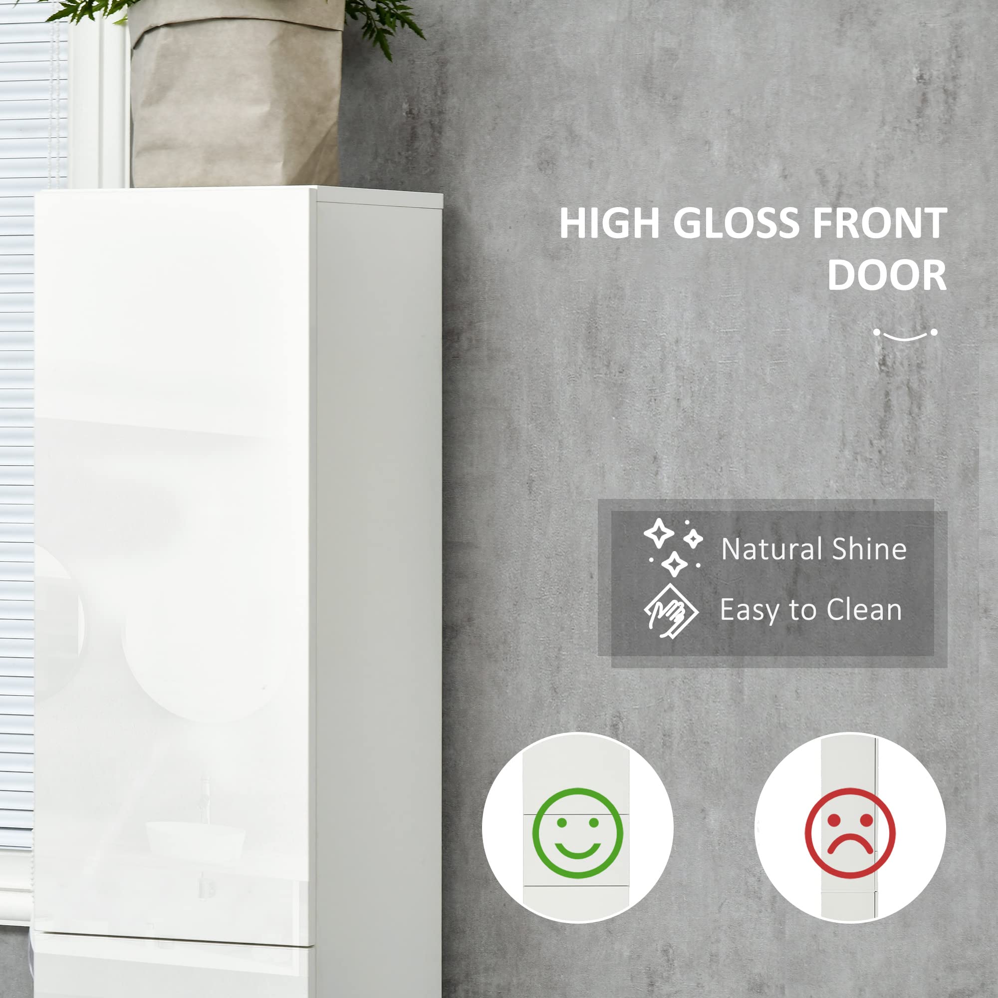 kleankin Tall Bathroom Cabinet - High Gloss Storage | Adjustable Shelves | 170H x 30W x 28Dcm 5