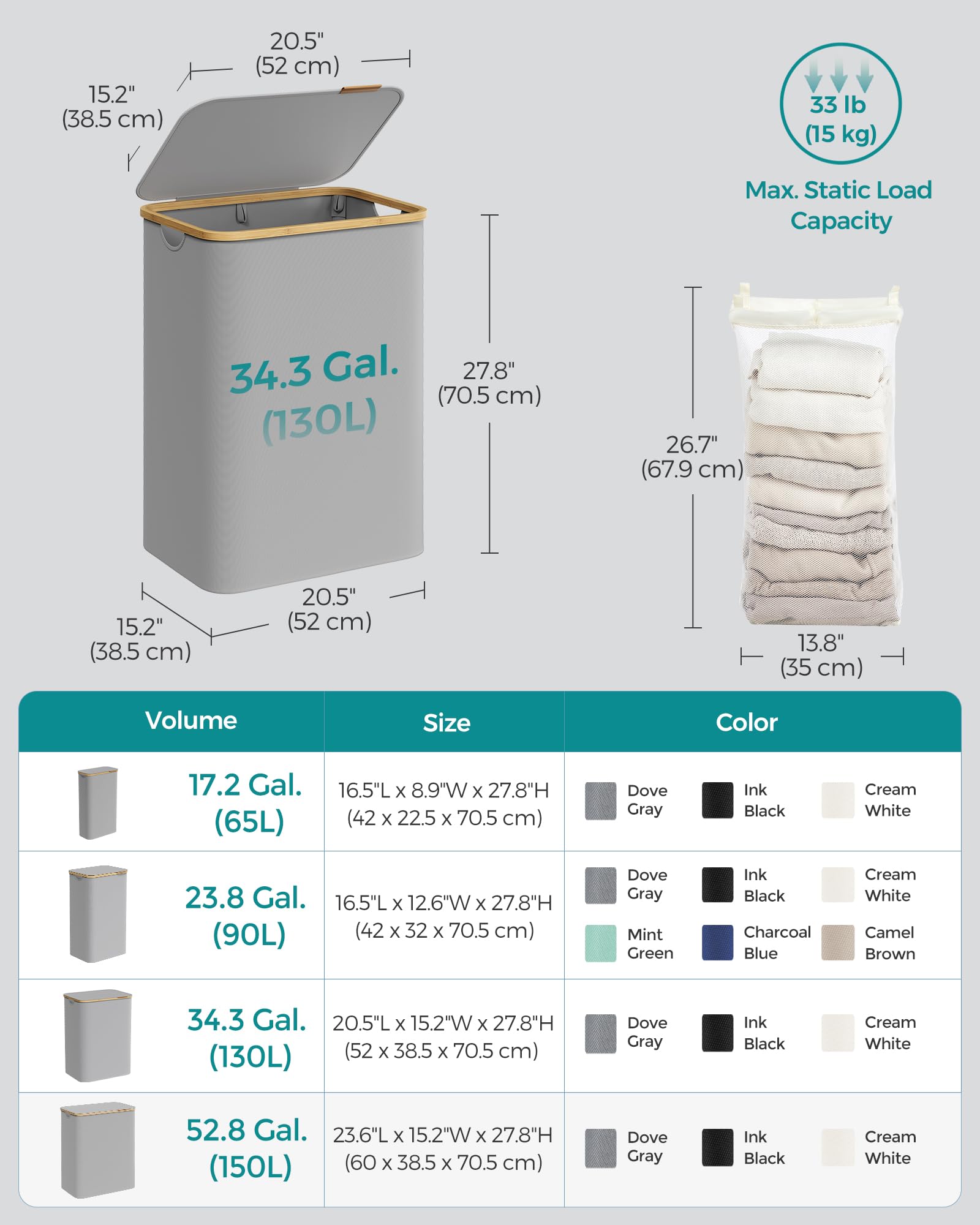 SONGMICS 2-Section Laundry Basket - 130L Capacity, Collapsible, Dove Grey | Oxford Fabric 6