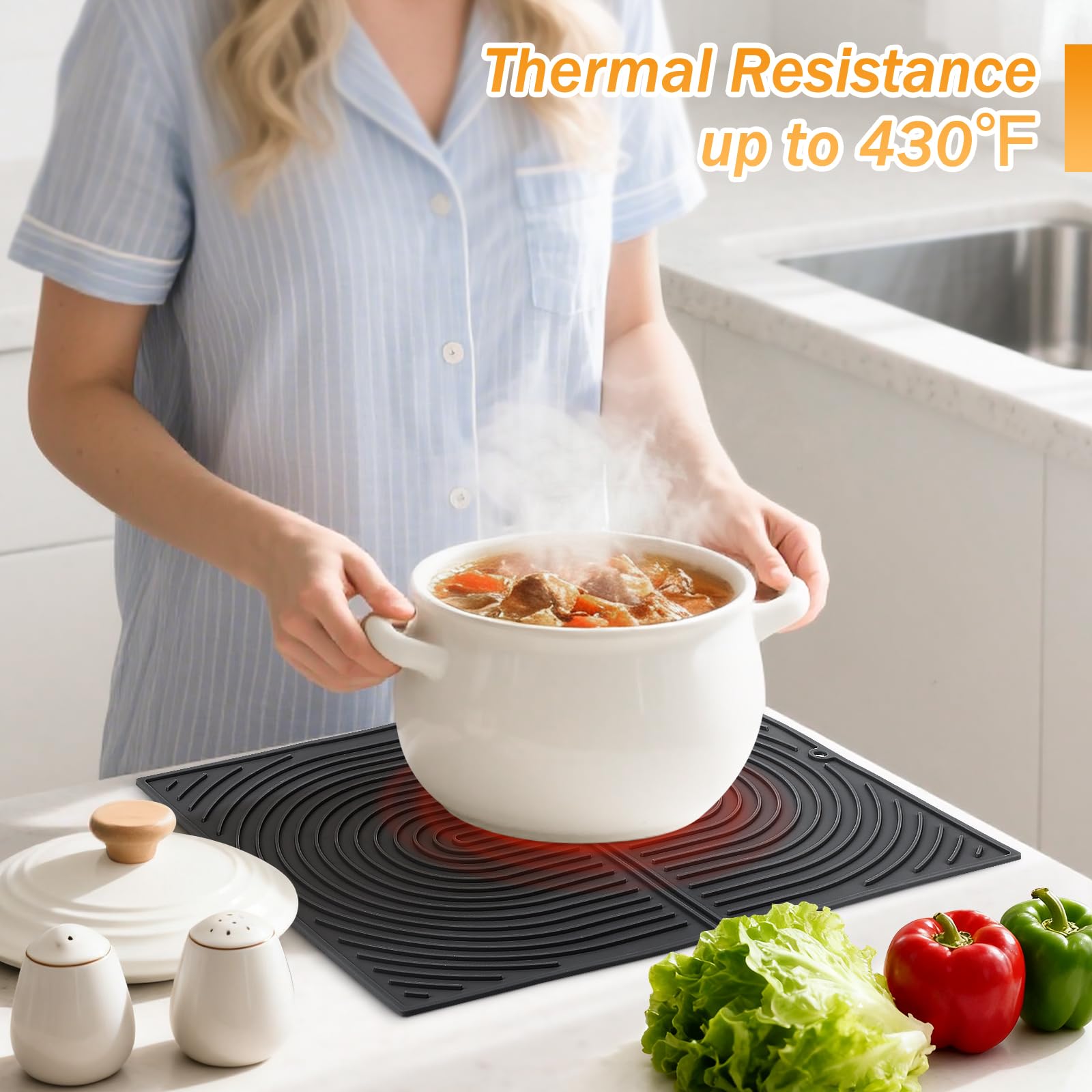Euqvunn Silicone Dish Drying Mat - Heat Resistant up to 430°F | Medium 42.8 x 33.8 cm | Black 5
