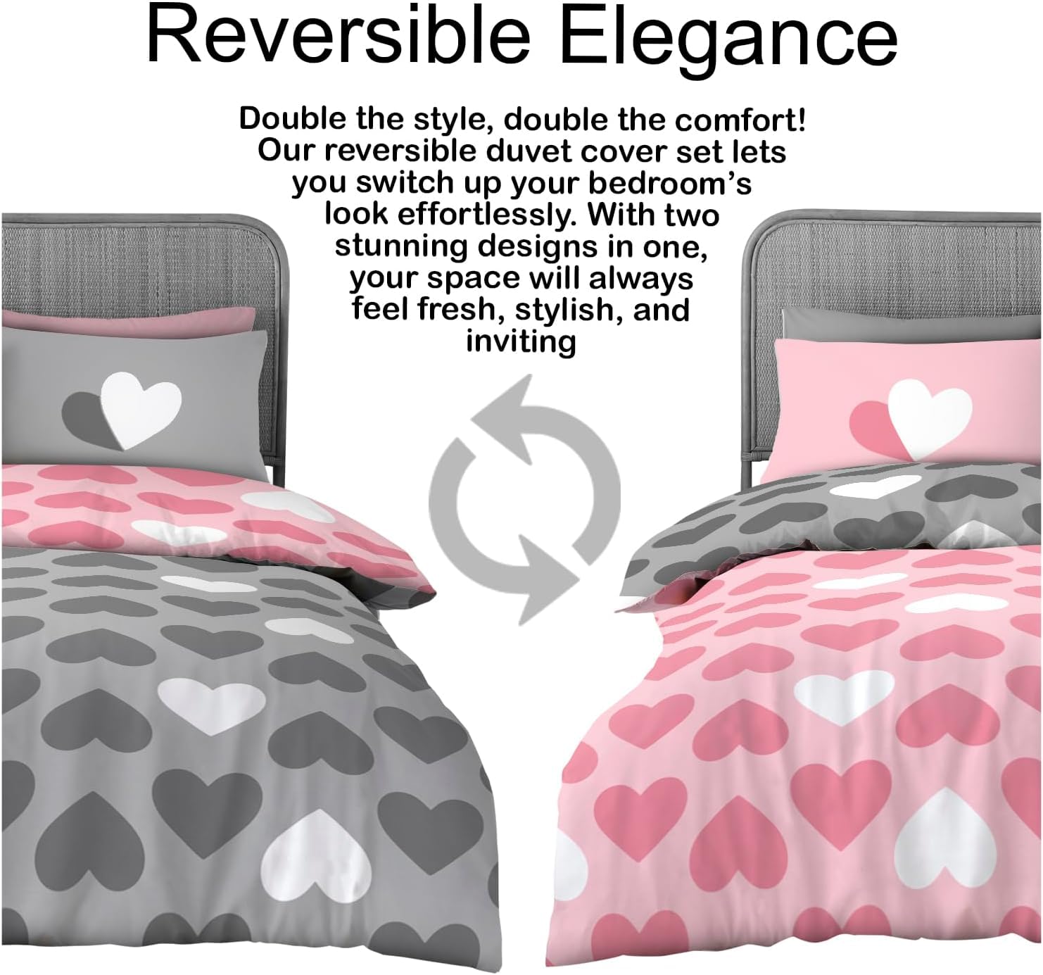 GC GAVENO CAVAILIA Heart Reversible Duvet Cover Set - King Size, Pink/Charcoal | 50% Cotton 3