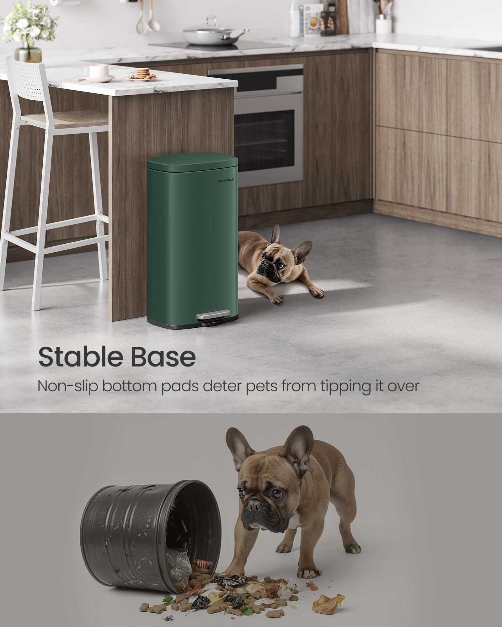 SONGMICS Kitchen Bin - 30L Pedal Rubbish Bin | Soft Close | Retro Green Steel | Inner Bucket 7