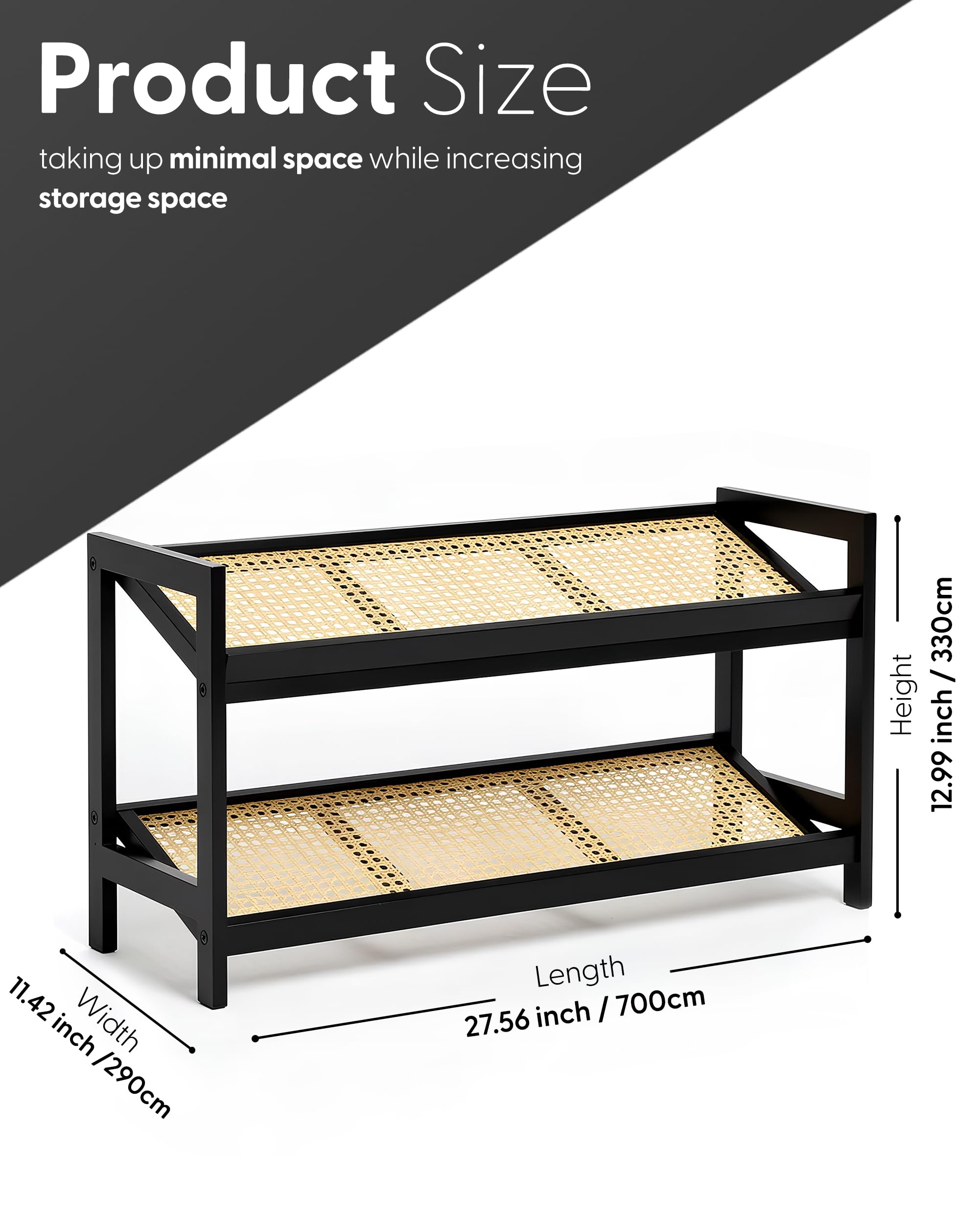 KEPLIN 2 Tier Bamboo & Rattan Shoe Rack Organizer | Compact 70cm Width | Natural/Black Finish 3