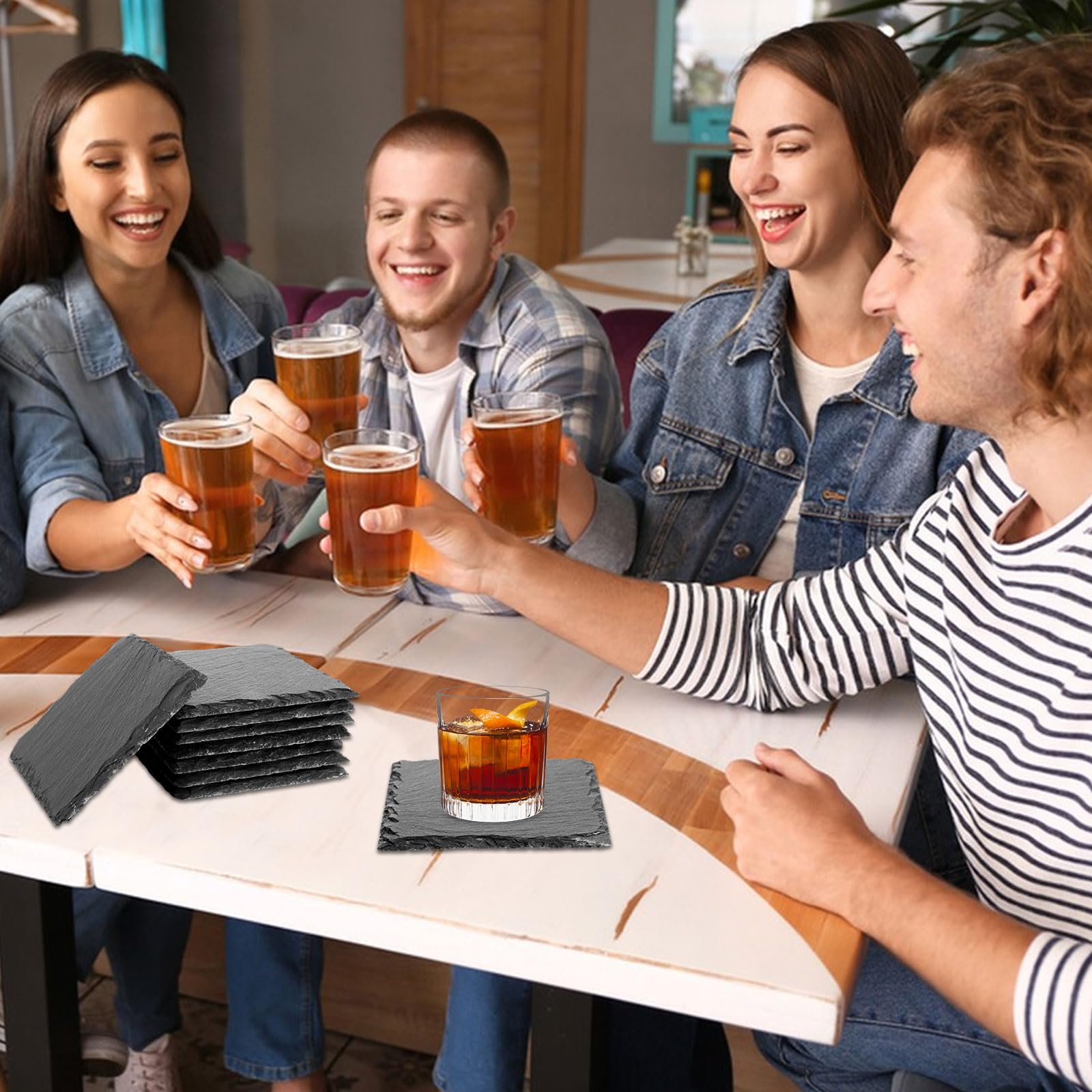 ASelected 8 Pcs Natural Slate Drink Coasters with Metal Holder | 10x10 cm Square | DIY Craft Friendly 7