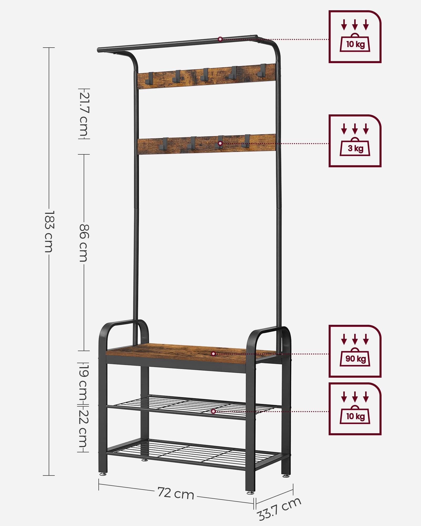 VASAGLE 4-in-1 Coat Rack with Shoe Storage Bench | 9 Removable Hooks | Industrial Style | 72 x 33.7 x 183 cm 5