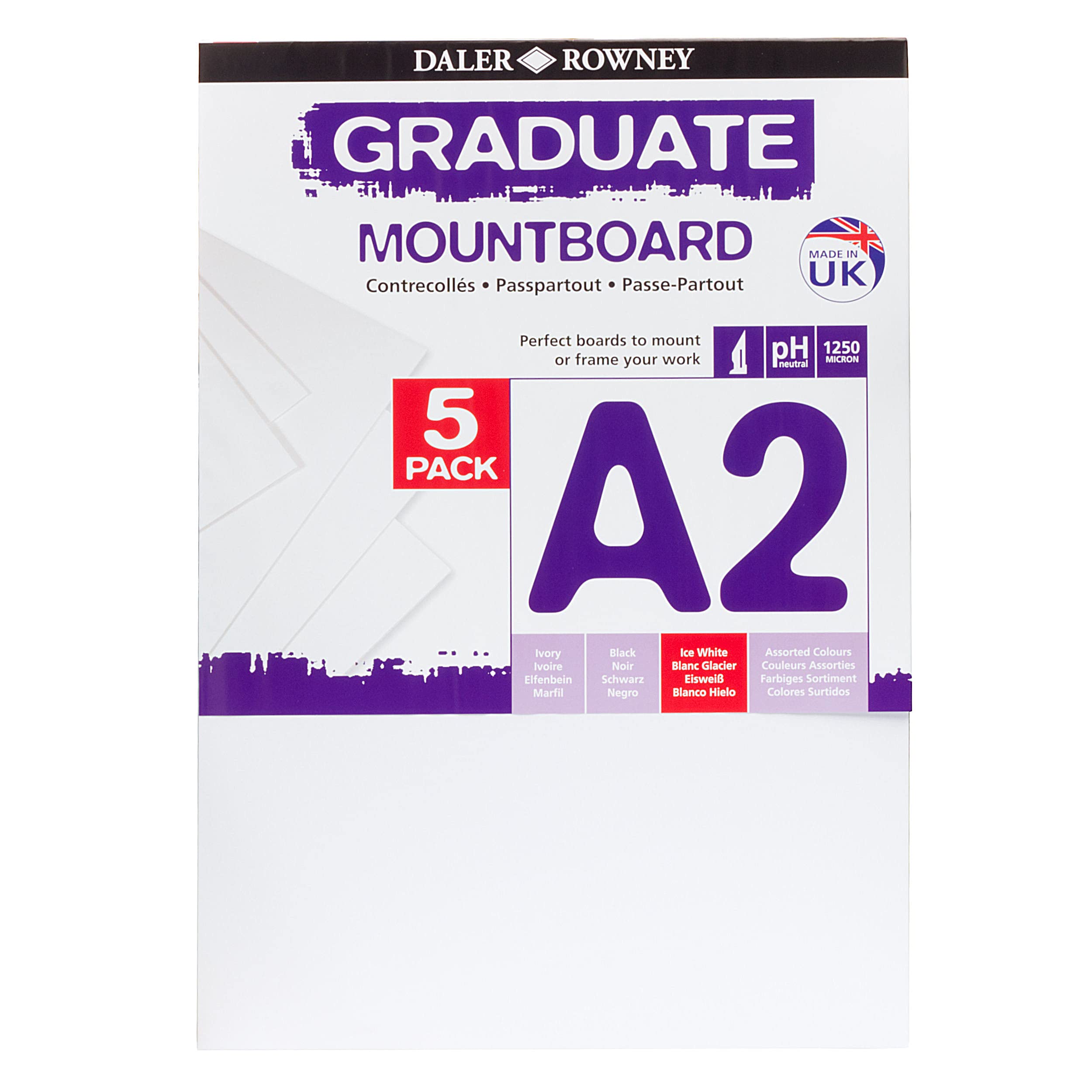 Daler Rowney Graduate Cream Core A2 Mountboard - Ice White Smooth Surface, 1.25mm Thick, 5 Pack 1