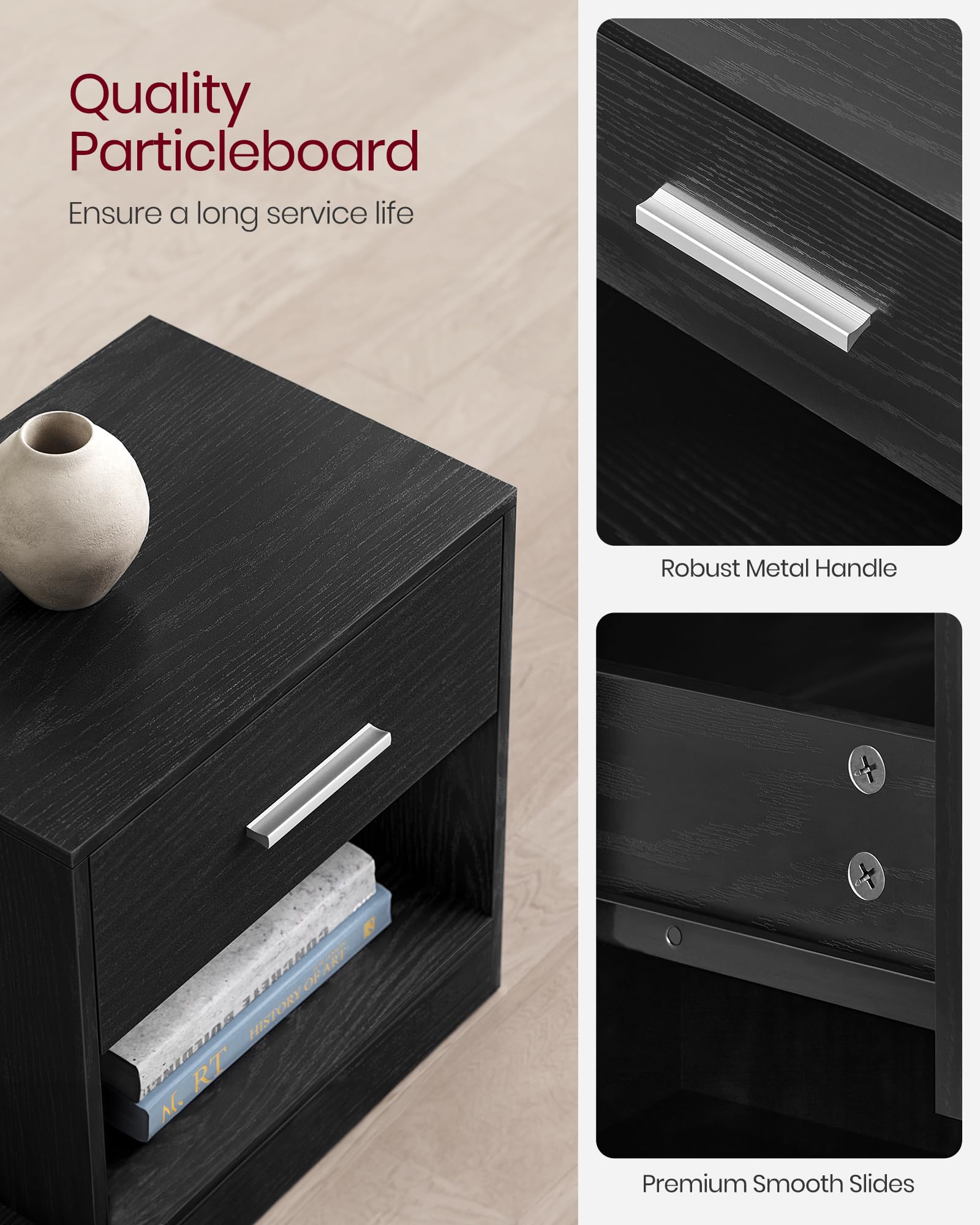 VASAGLE Bedside Table - Modern Look | Drawer & Open Compartment | 28 x 39 x 41 cm 4