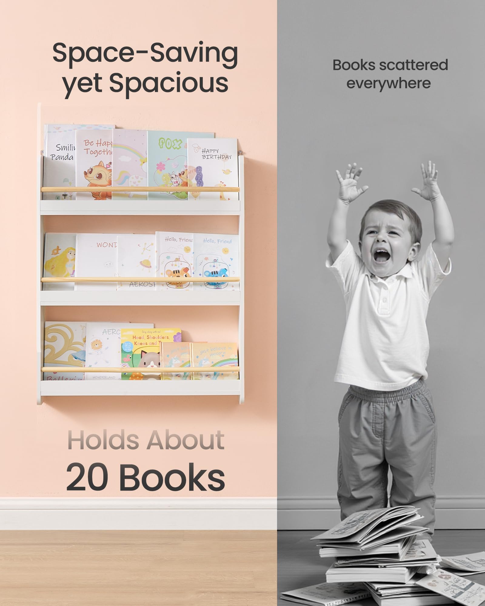 SONGMICS Kids Bookshelf - 3-Tier Wall-Mounted Bookcase | MDF & Pine Wood | White 6