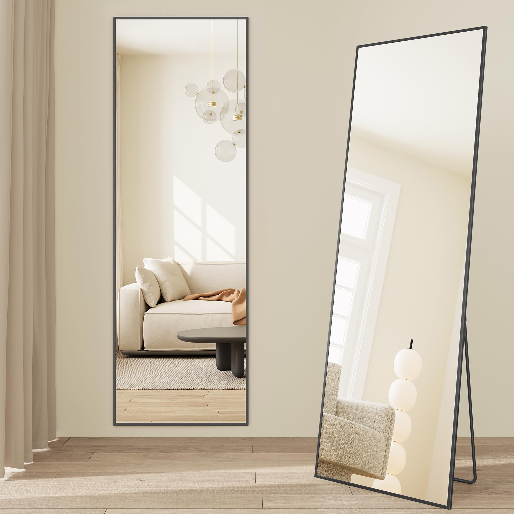 SONGMICS Full Length Floor Mirror - 160x50 cm | Freestanding or Wall-Mount | Matte Black Aluminium Frame 1
