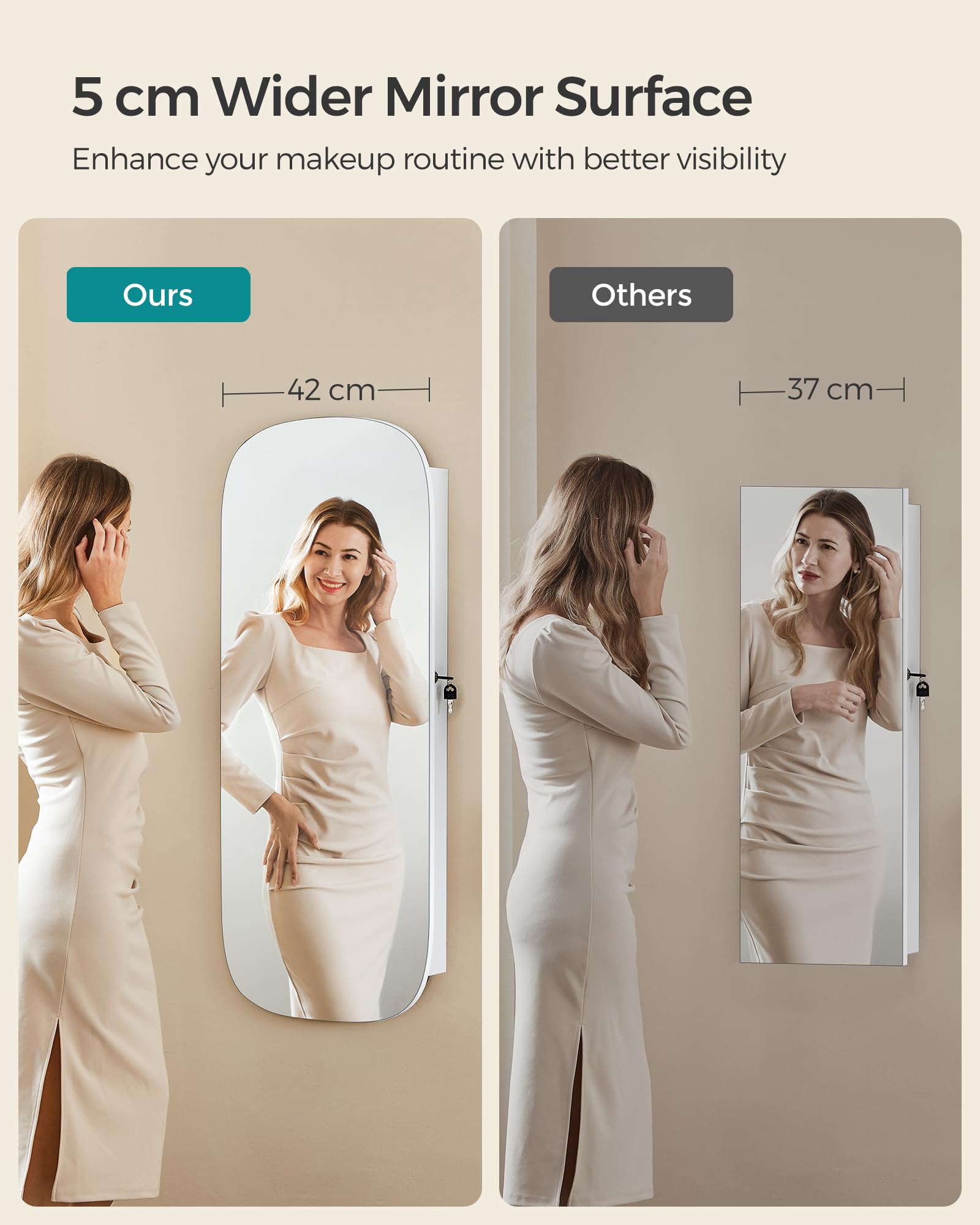 SONGMICS LED Mirror Jewellery Cabinet - Wall/Door Mounted | Lockable | White + Greige 5