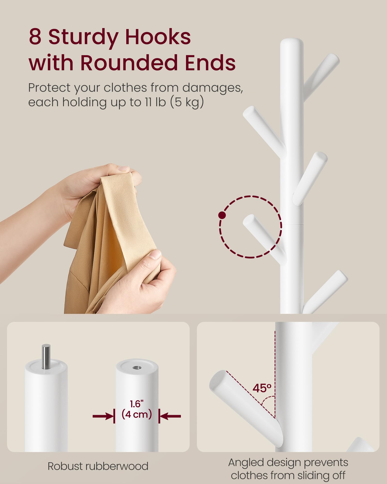 VASAGLE Solid Wood Coat Rack - Freestanding Hall Tree | Cloud White | Holds 40 kg 4