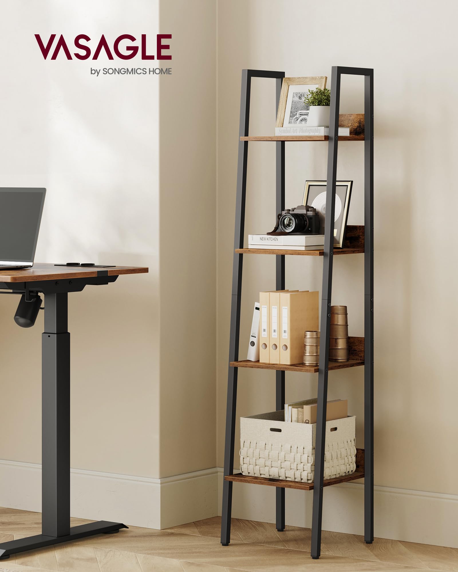 VASAGLE 4-Tier Ladder Shelf Bookcase - Industrial Rustic Brown & Black | Steel Frame | 10kg Max Load 2