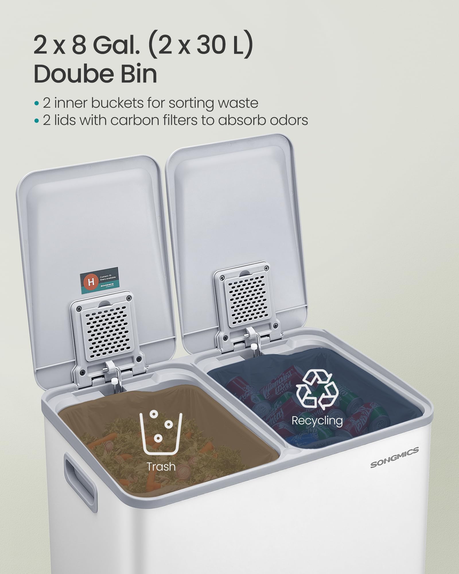 SONGMICS Kitchen Bin - Dual Compartment Pedal Trash Can | 2 x 30 L Capacity | Matte White Steel 3