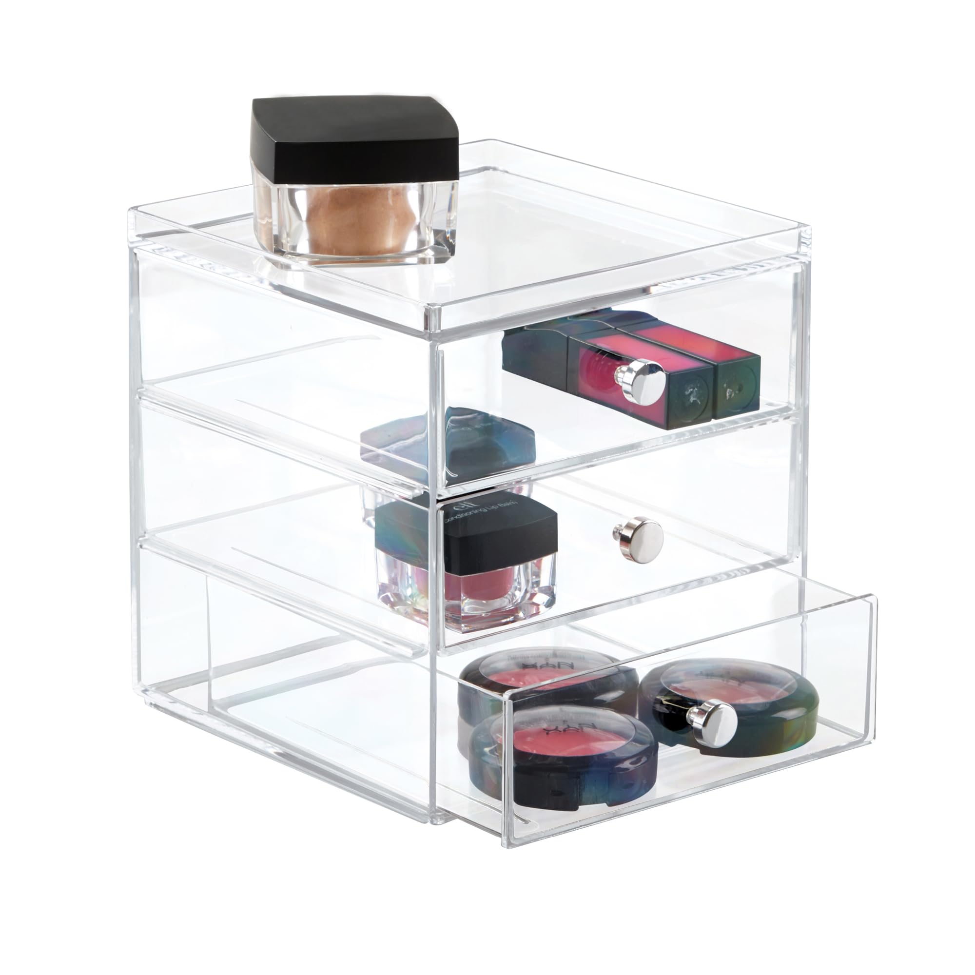 InterDesign Makeup Organiser with Three Drawers - Compact Plastic Storage for Cosmetics & Jewelry | Transparent 1