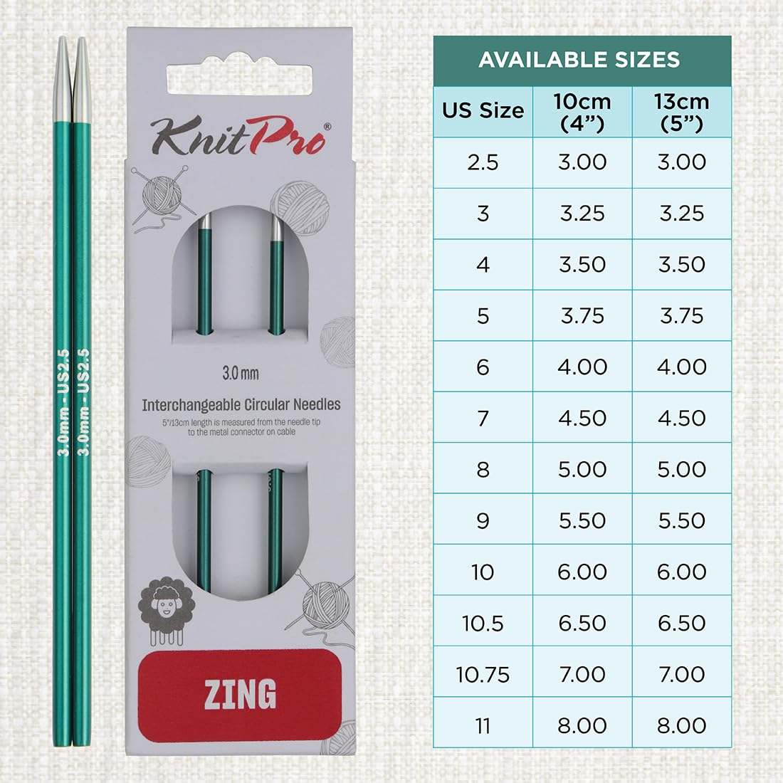 KnitPro Zing Interchangeable Circular Knitting Needles - 3.00mm Size, 28cm Length | Lightweight Aluminium 4