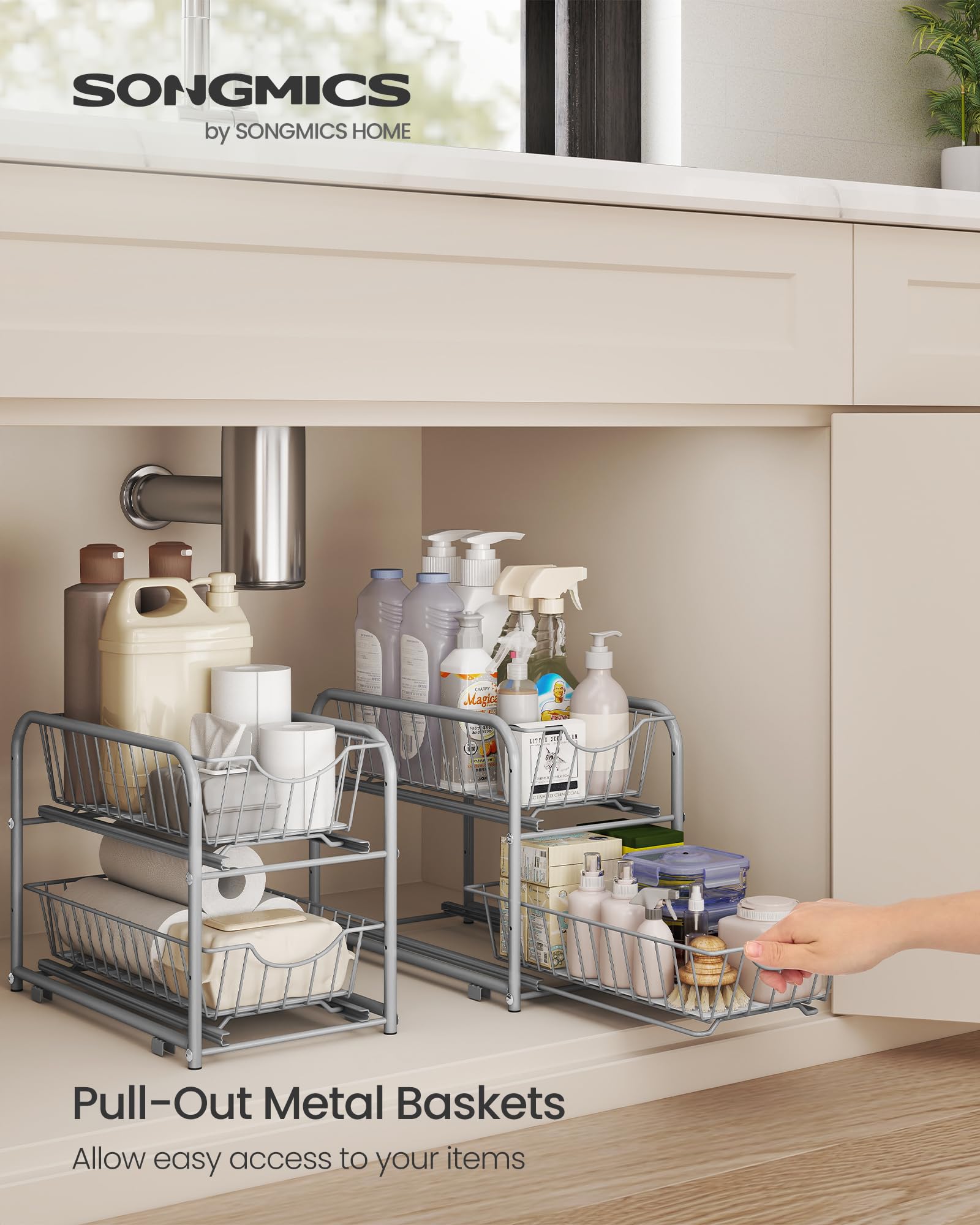 SONGMICS Set of 2 Under Sink Storage Organisers - 2-Tier, Adjustable, Rust-Resistant Steel 2