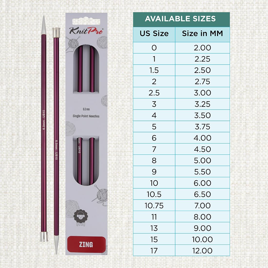KnitPro Zing Single Pointed Knitting Needles - 6.00mm | 35cm Length | Lightweight Aluminium 4