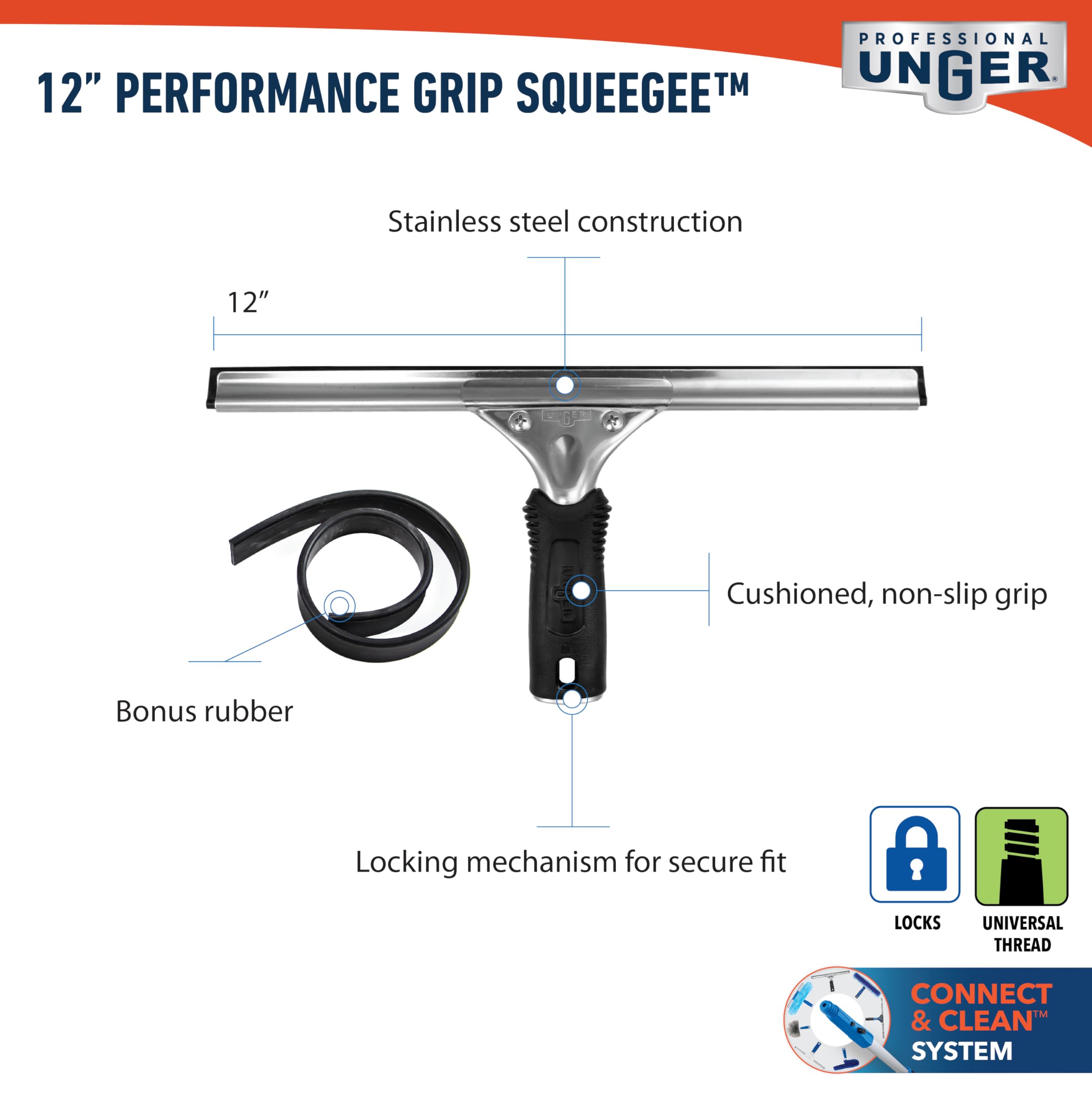 Unger 12 Inch Professional Window Cleaning Squeegee with Rubber Replacement | Stainless Steel 5