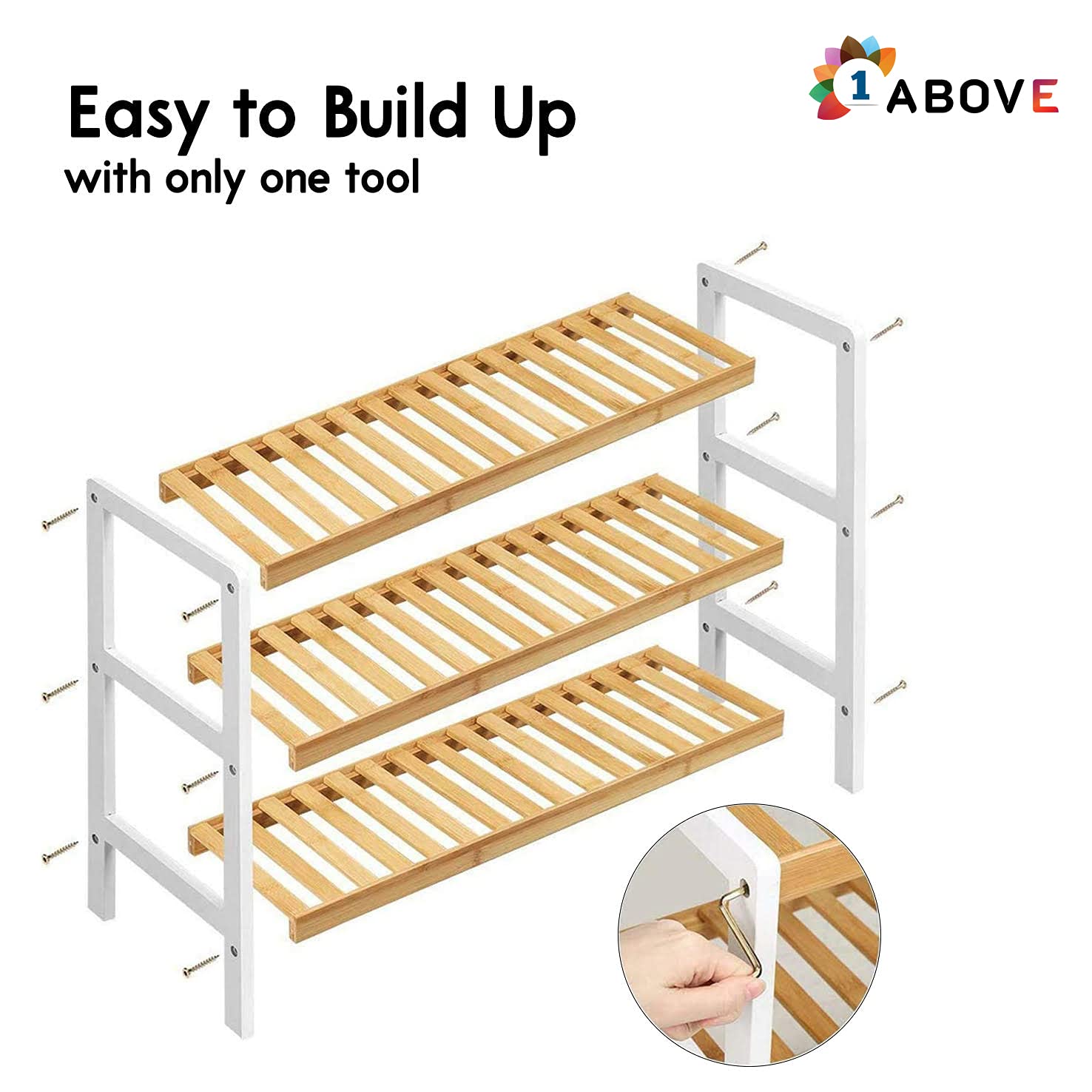 1ABOVE Bamboo Shoe Rack - 3 Tier Storage | White & Natural Wood | Portable | 70x55x25cm 4