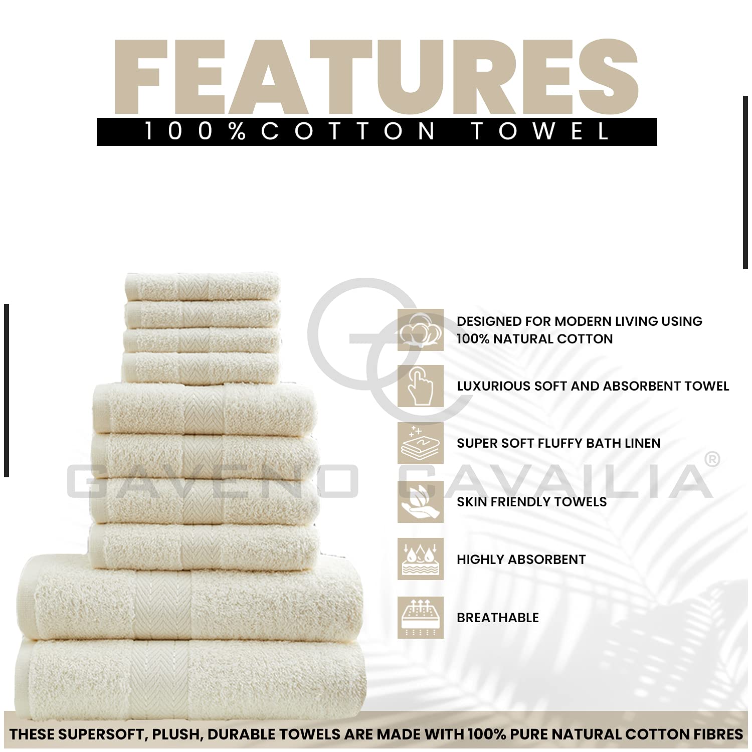 GC GAVENO CAVAILIA 10 Piece Cotton Towel Set - 450 GSM | Quick Drying | Cream 2