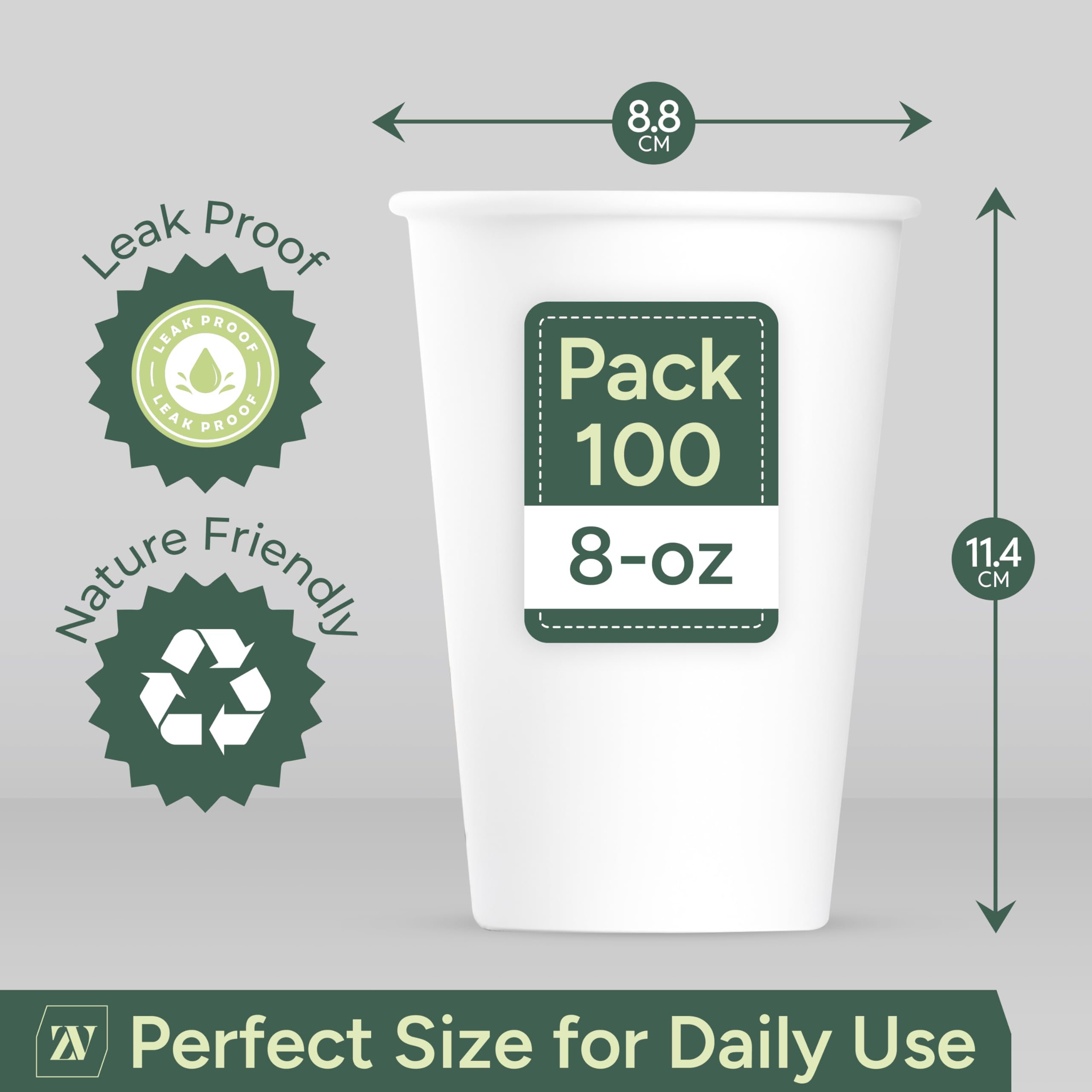 Zuvo Paper Cups - 8oz Single Wall White Disposable Cups | 100 Pack | Leak Proof