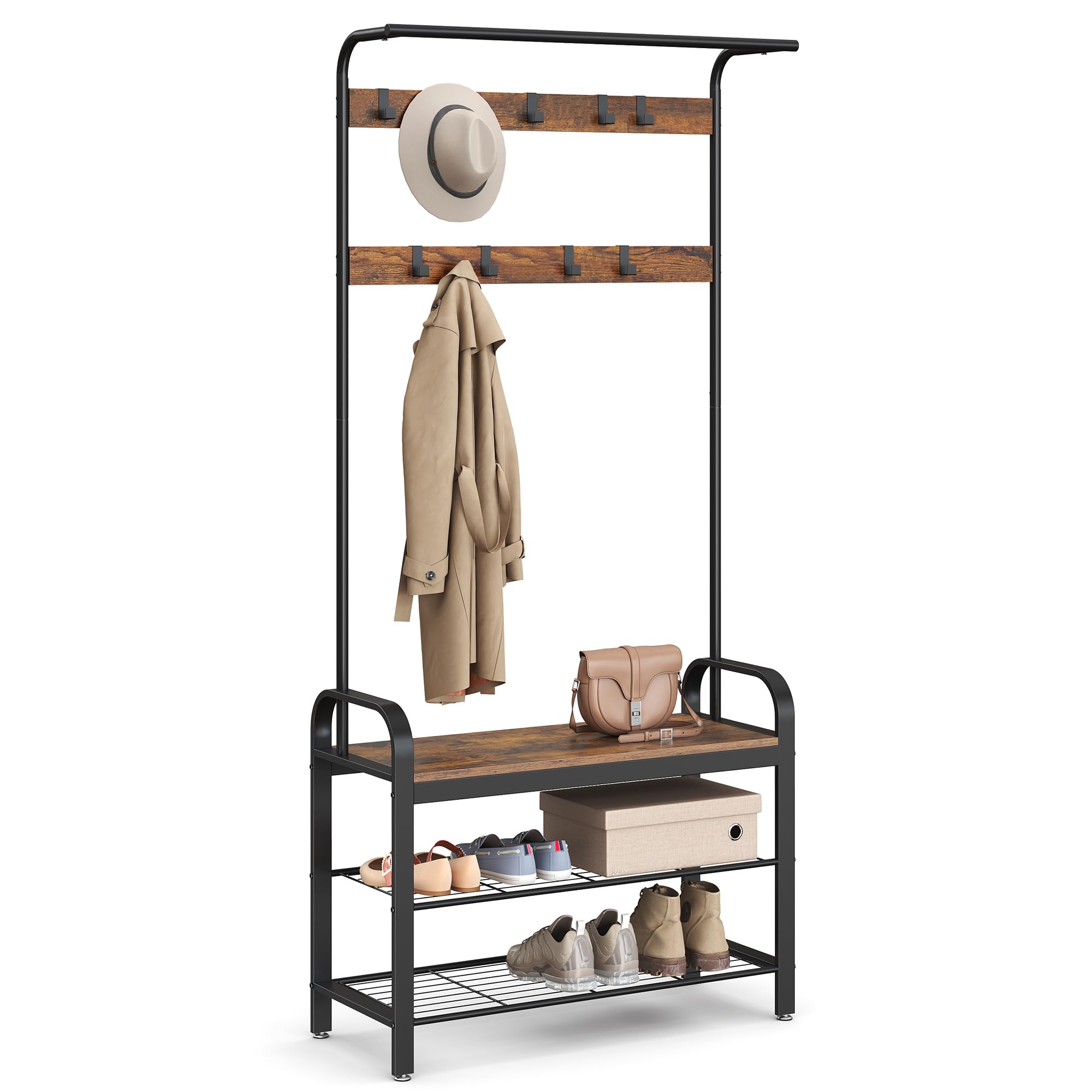 VASAGLE 4-in-1 Coat Rack with Shoe Storage Bench | 9 Removable Hooks | Rustic Brown/Black