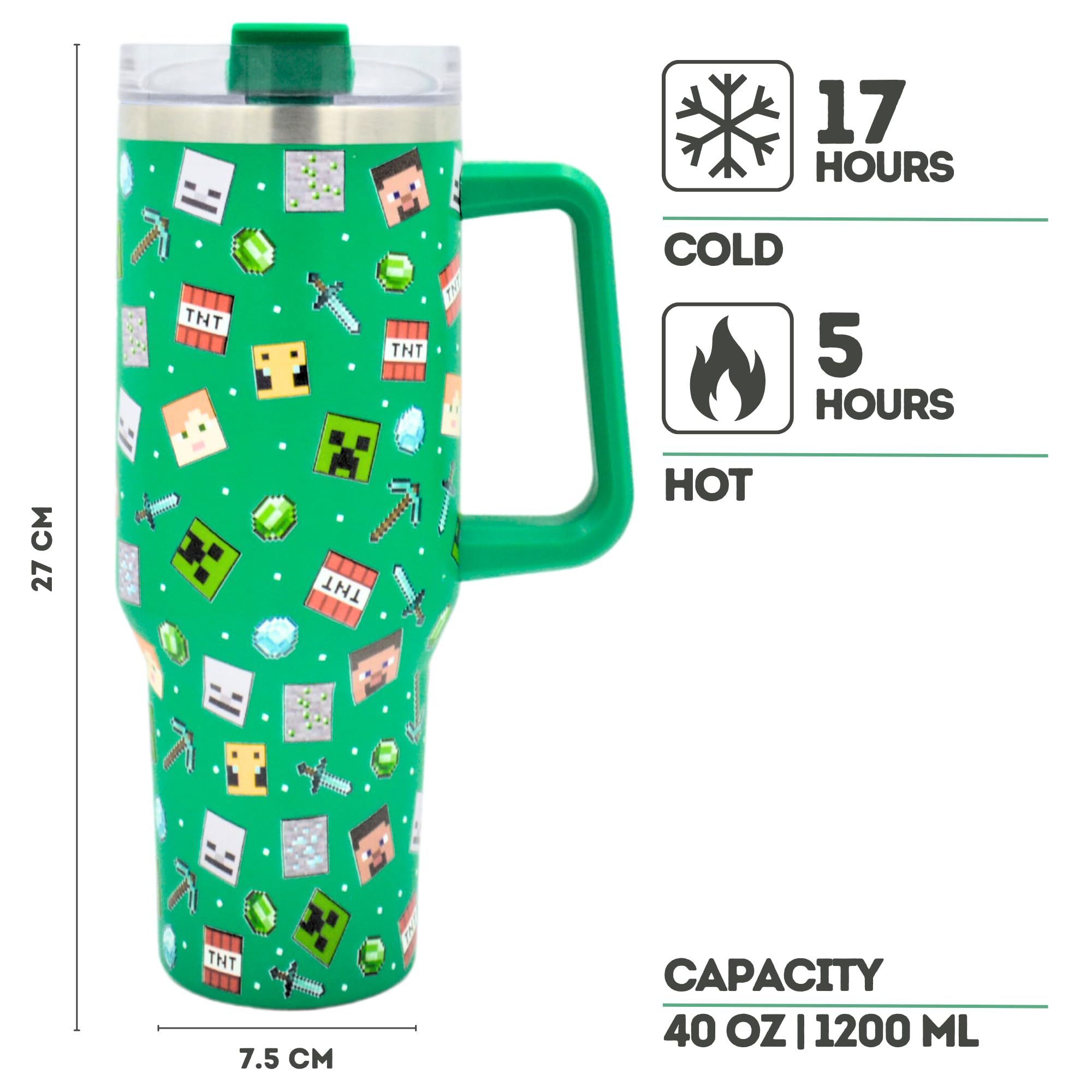 HOX Minecraft 1.2L Insulated Tumbler Mug - Cold 17Hrs Hot 5Hrs | Leak Proof Travel Mug with Straw & Lid 5