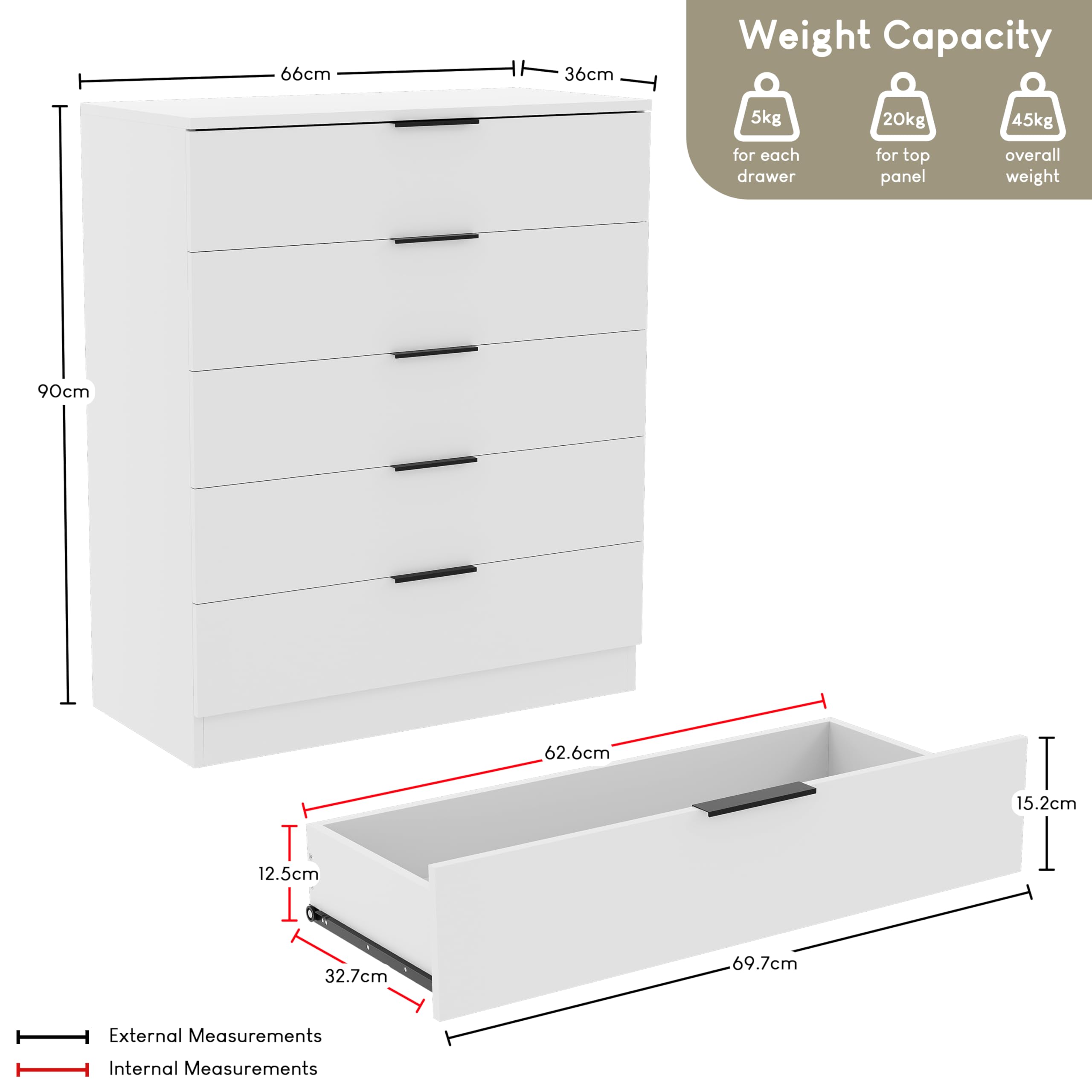 Vida Designs Trega 5 Drawer Chest of Drawers - White | 90H x 66W x 36D cm | Space-Saving 2