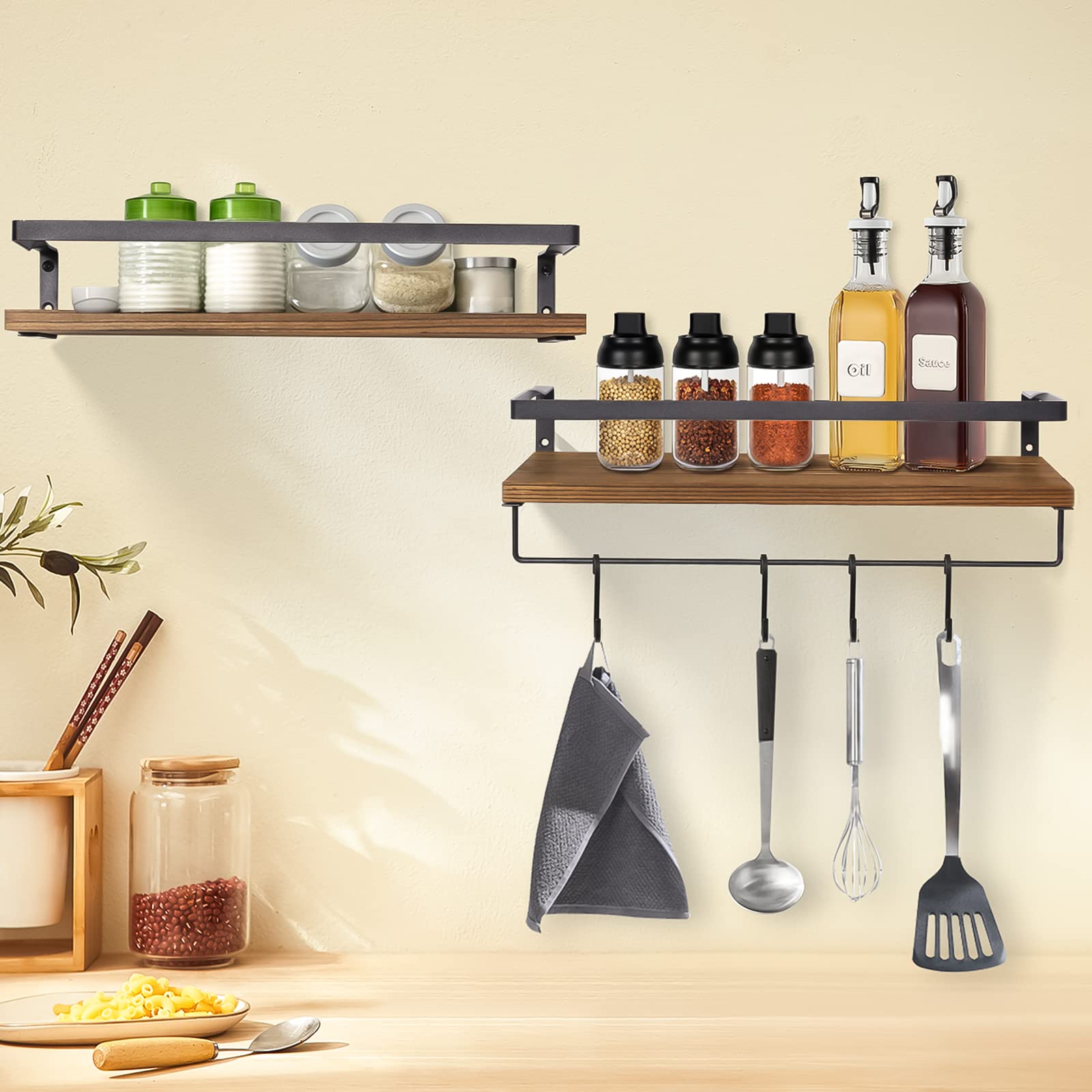 AGM Floating Shelves Wall Mounted Set of 2 Wooden Shelves Rustic Brown w/ Hooks & Towel Bar 6