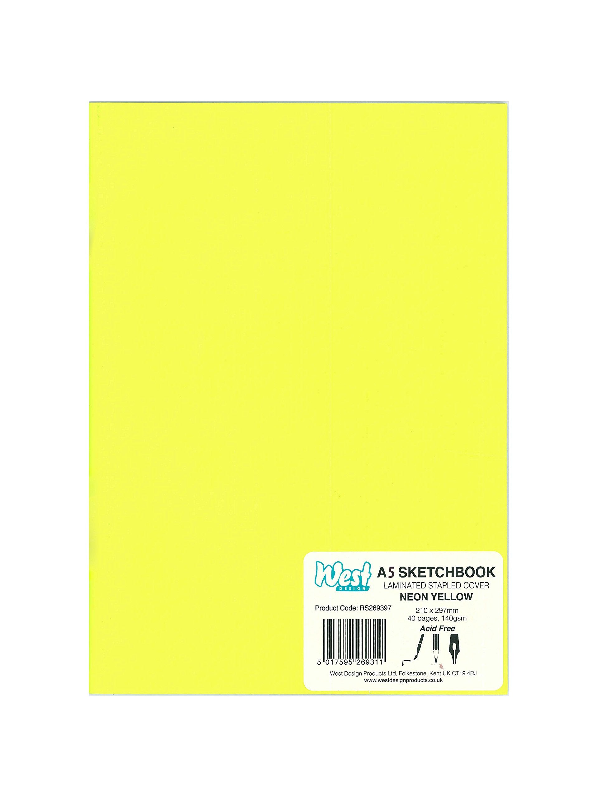 West A5 Sketchbook - 140gsm | 40 Plain White Pages | Stapled Laminated Neon Yellow