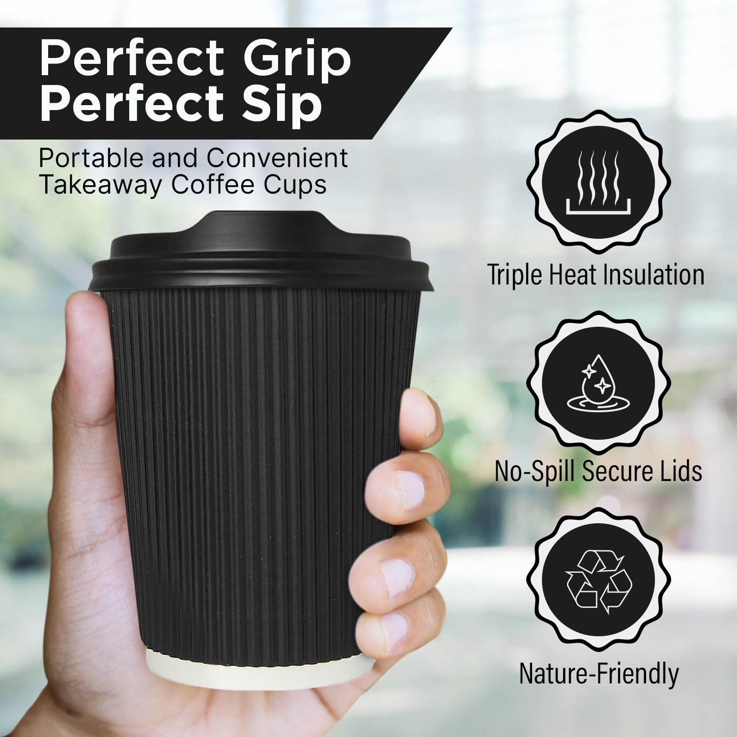 Zuvo Triple Wall Insulated Coffee Cups with Lids - 50 Pack, 12 Oz, Black Kraft Paper 8