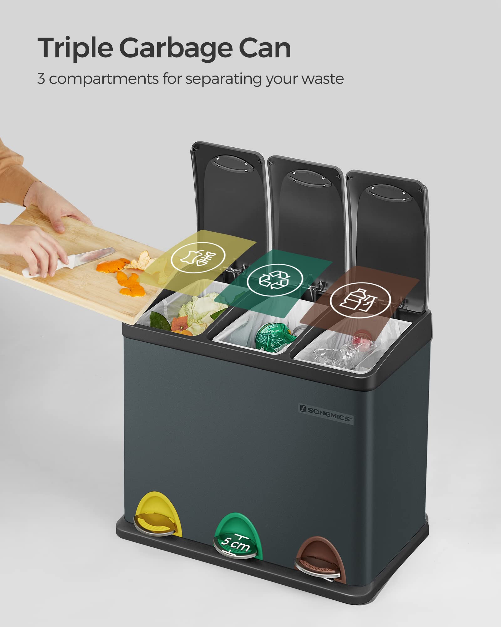 SONGMICS LTB24GS Triple Waste Bin - 3 x 8L Capacity | Foot Pedal Operated | Steel 4