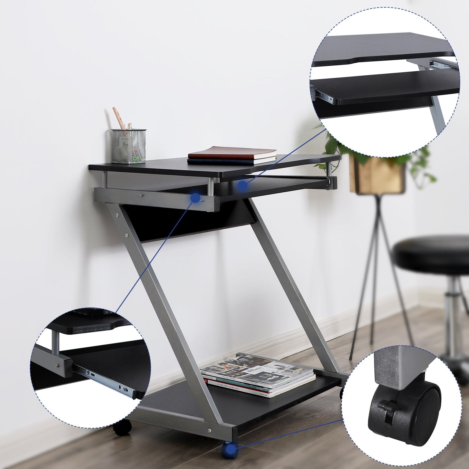 VASAGLE Mobile Z-Shaped Computer Workstation | 60x48x73cm | Black | Supports 30 kg 5