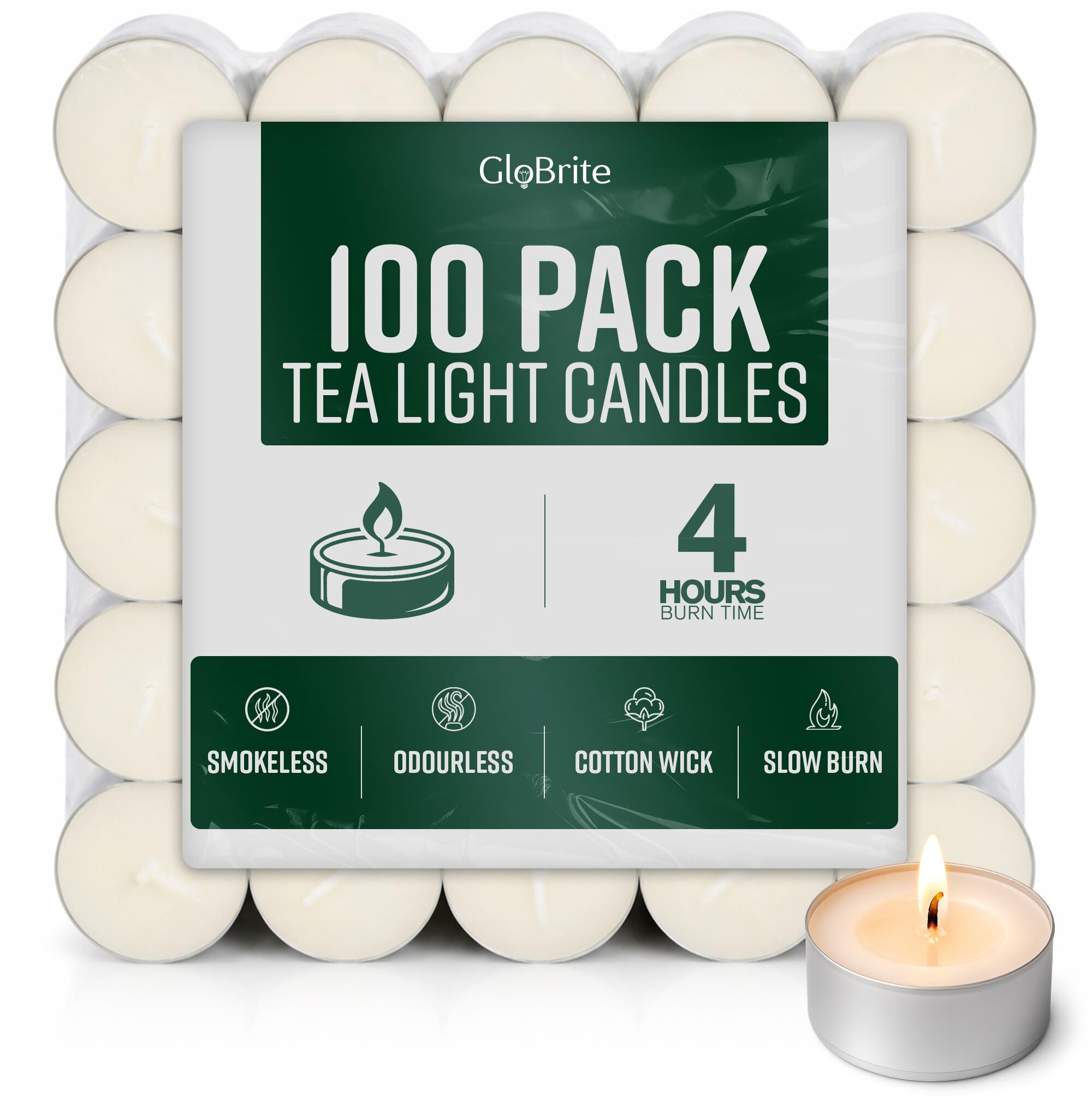 GloBrite Unscented Tea Lights - 4 Hour Burn Time | 100 Pack | White 1