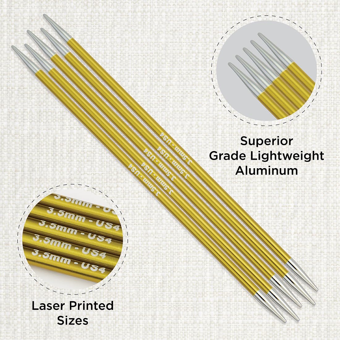 KnitPro Zing Double Ended Knitting Pins - 3.5mm x 20cm, Green Aluminium | Laser-Marked Sizes 2